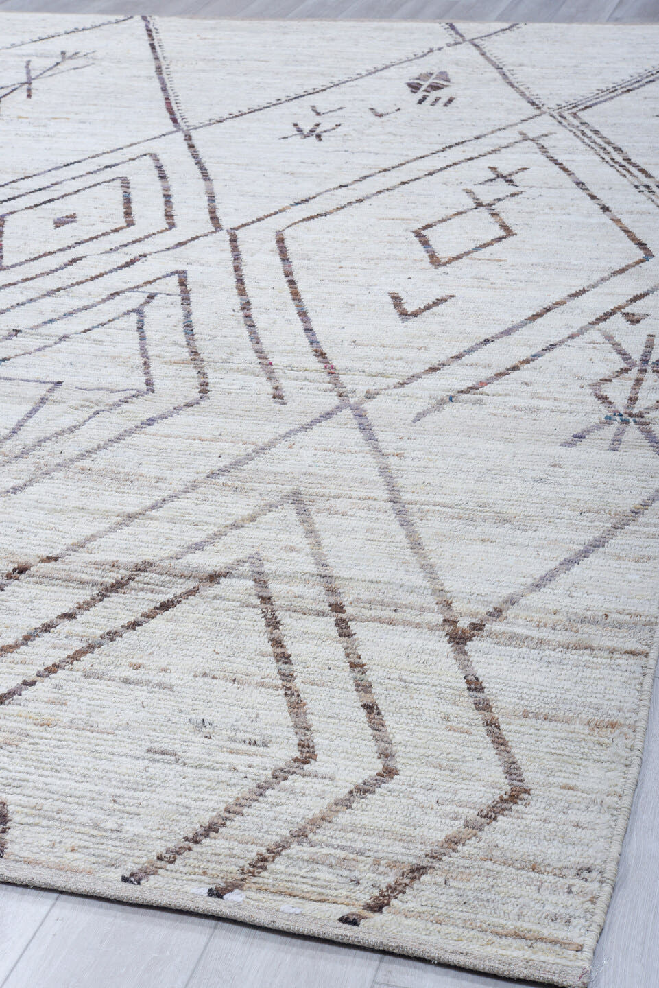 10' x 14' one-of-a-kind handmade vintage Tulu large size rug. Color palette: ivory, taupe, brown, charcoal, beige, gray