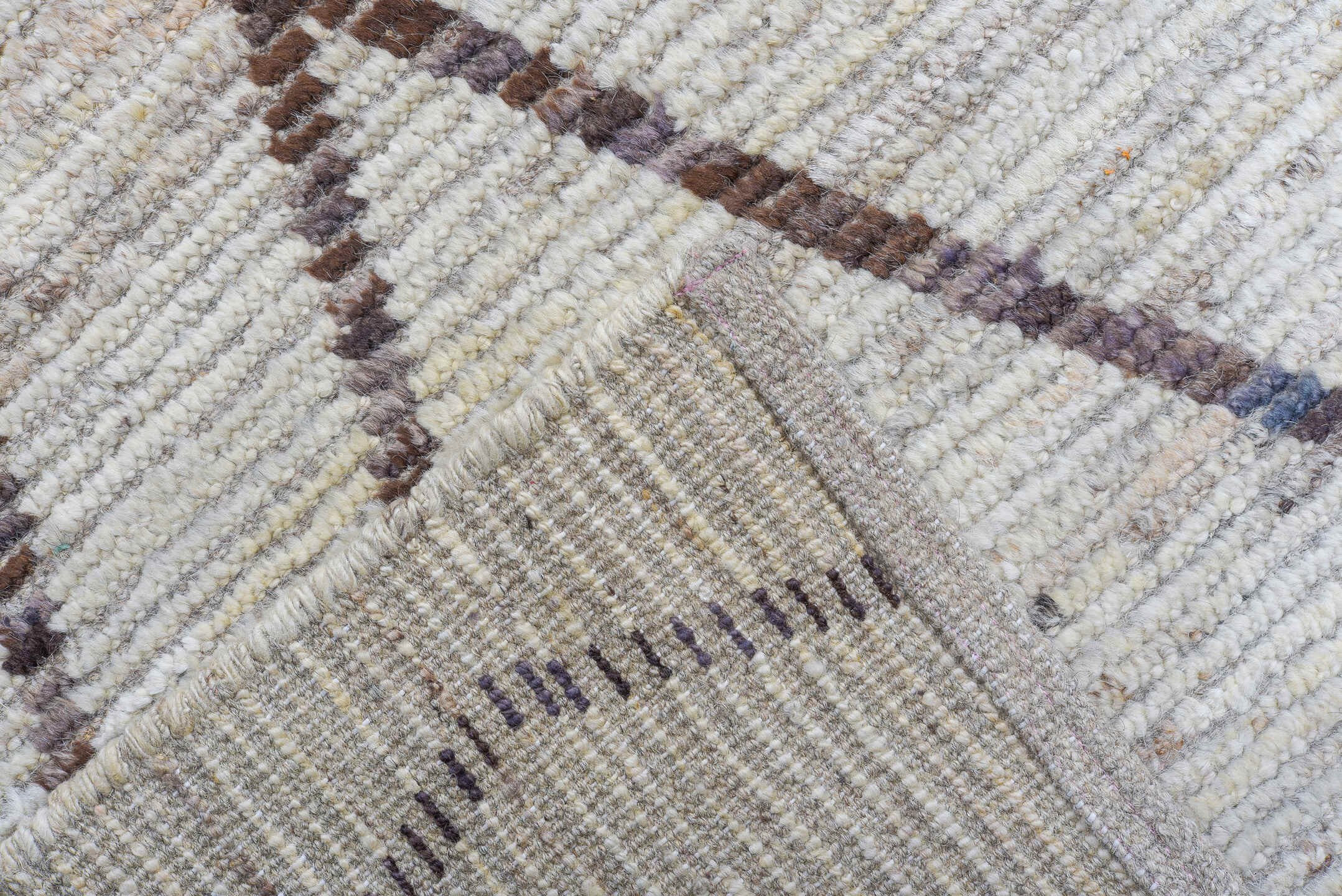 10' x 14' one-of-a-kind handmade vintage Tulu large size rug. Color palette: ivory, taupe, brown, charcoal, beige, gray