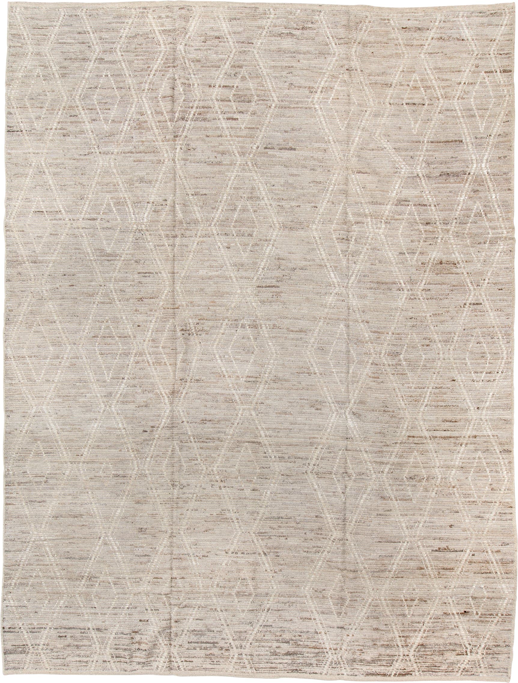 10' x 13' one-of-a-kind handmade vintage Tulu large size rug. Color palette: ivory, beige, cream, taupe, camel, gray