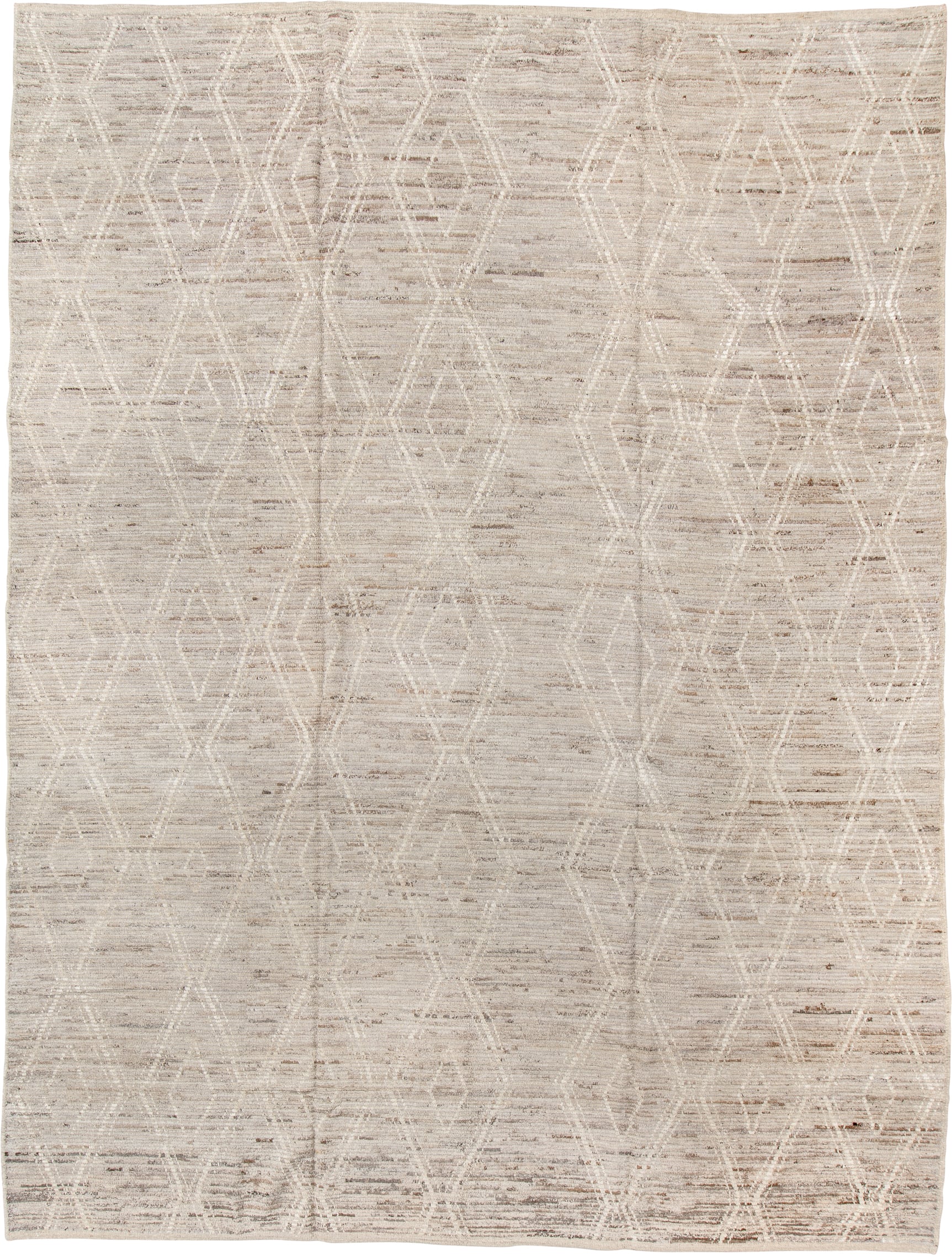 10' x 13' one-of-a-kind handmade vintage Tulu large size rug. Color palette: ivory, beige, cream, taupe, camel, gray