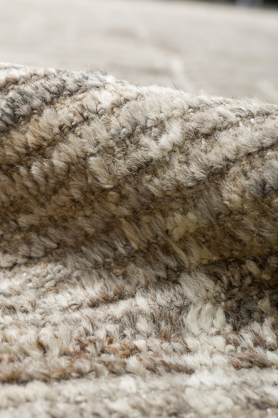 10' x 13' one-of-a-kind handmade vintage Tulu large size rug. Color palette: ivory, beige, cream, taupe, camel, gray