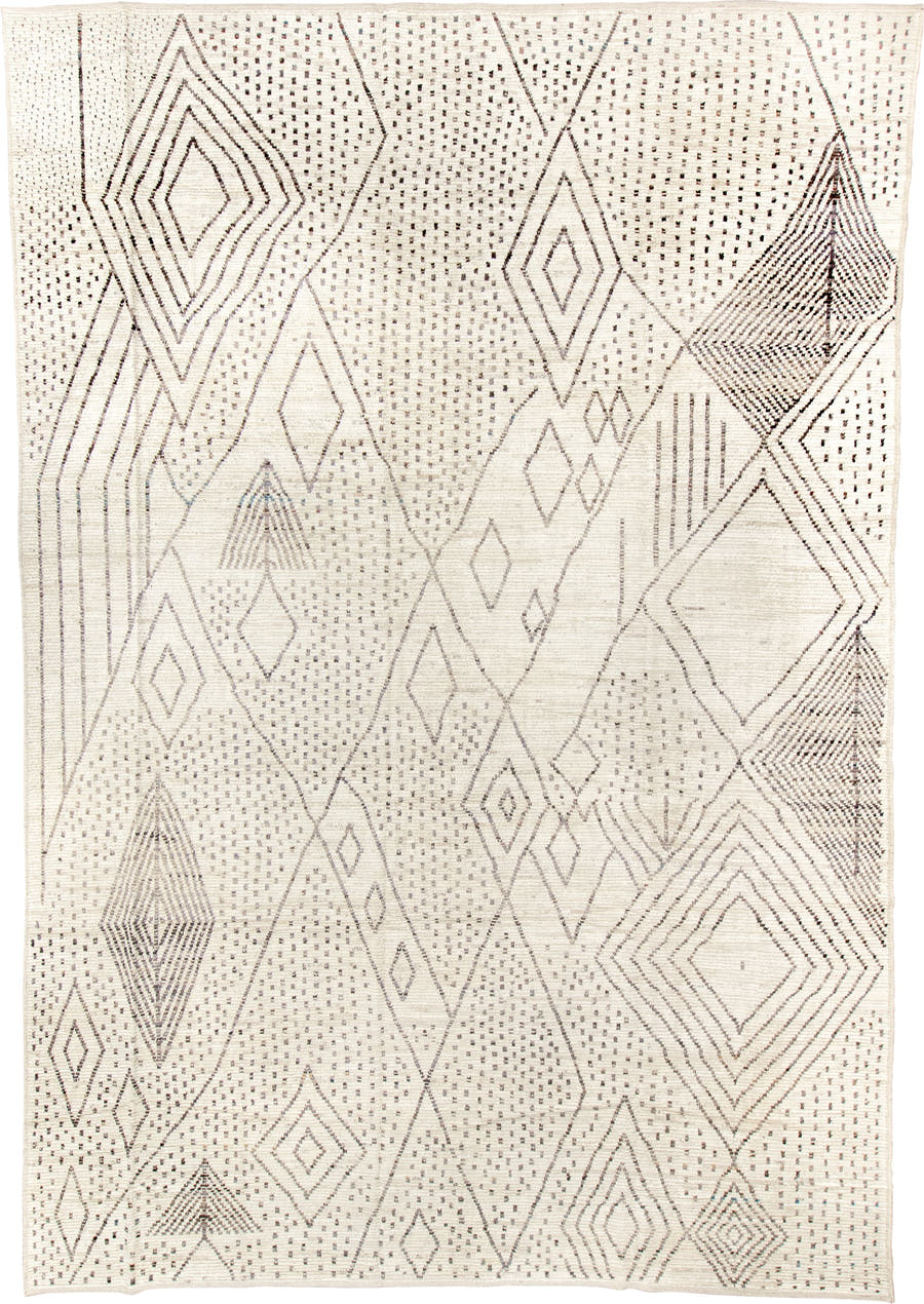 11' x 17' one-of-a-kind handmade vintage Tulu oversize rug. Color palette: ivory, charcoal, taupe, cream, gray, black, beige