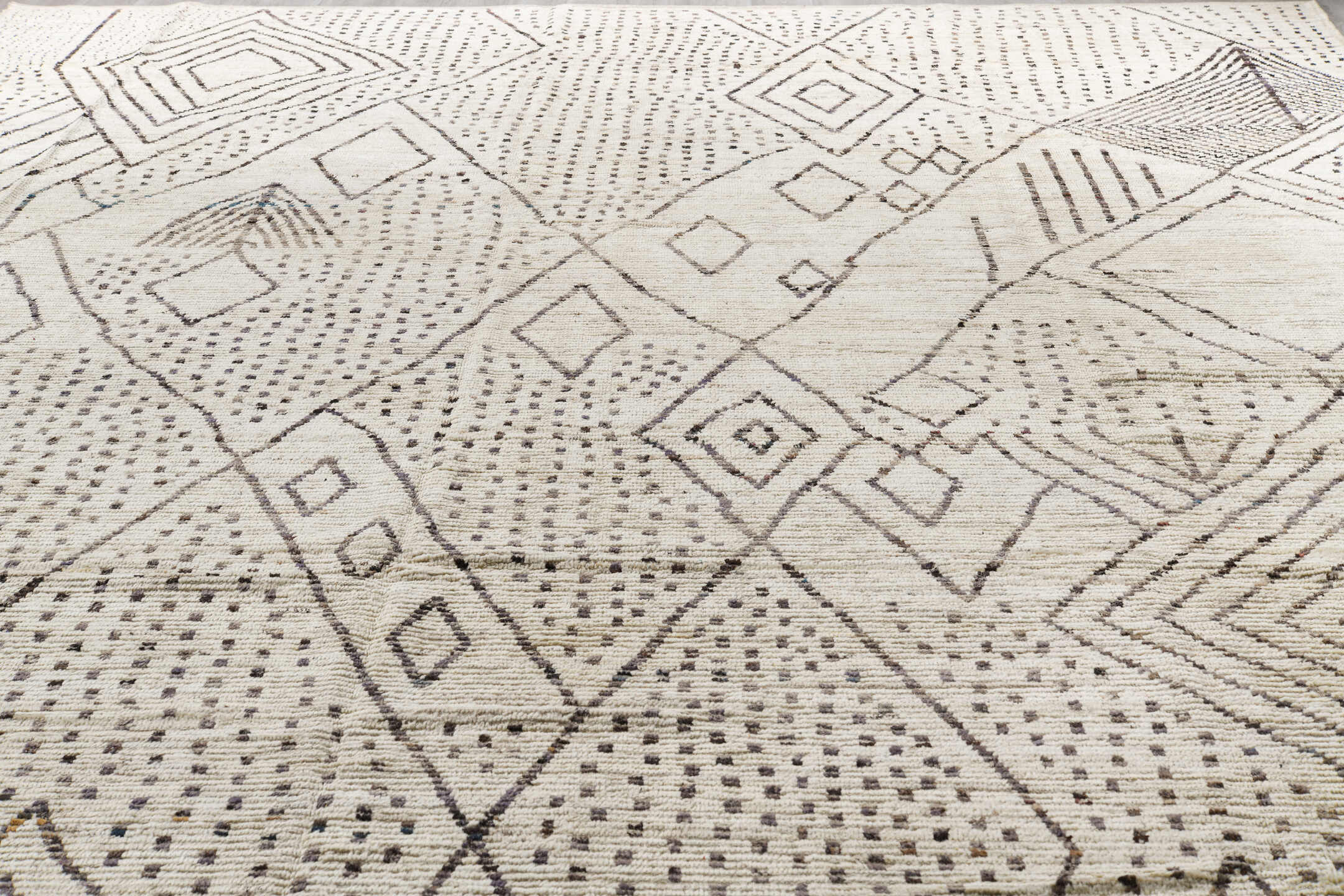 11' x 17' one-of-a-kind handmade vintage Tulu oversize rug. Color palette: beige, brown, dark gray, dim gray, gray, ivory