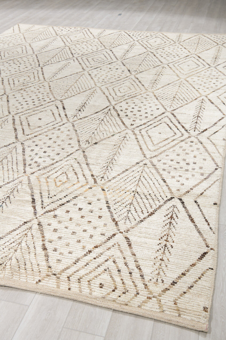 10' x 14' one-of-a-kind handmade vintage Tulu large size rug. Color palette: ivory, taupe, charcoal, cream, beige, gray