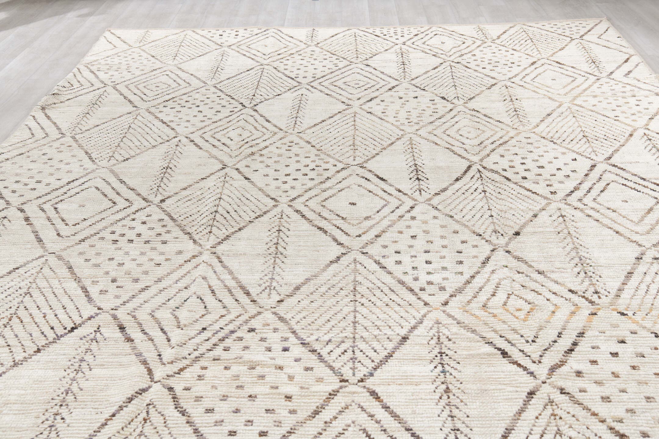 10' x 14' one-of-a-kind handmade vintage Tulu large size rug. Color palette: ivory, taupe, charcoal, cream, beige, gray