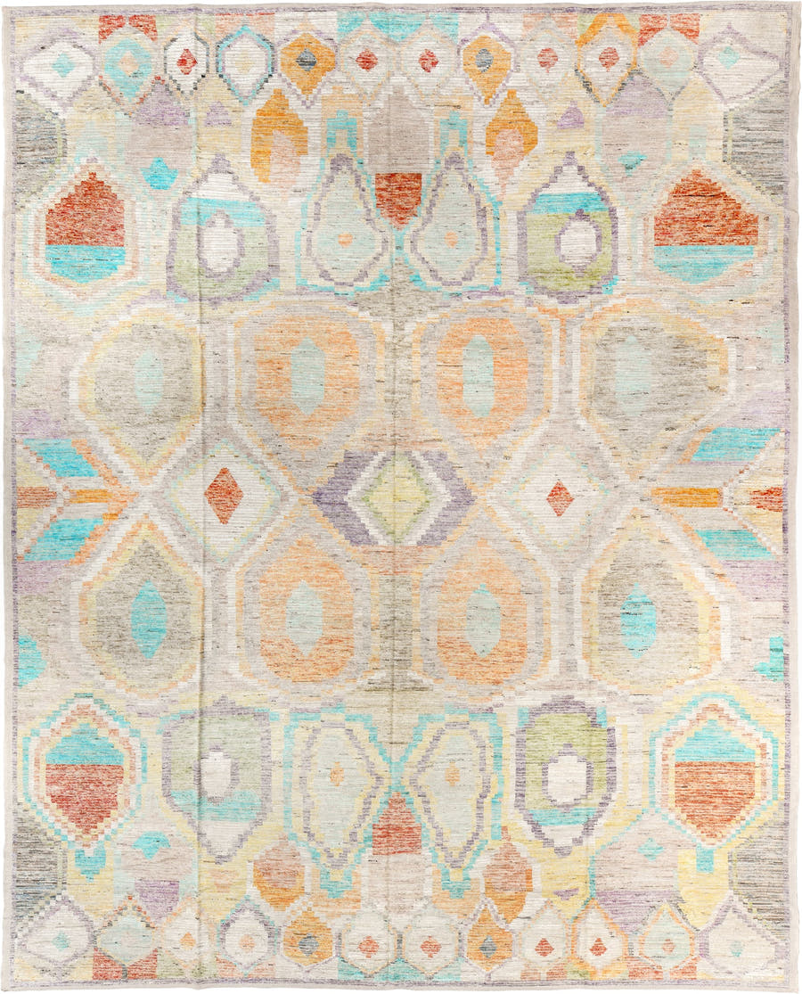 13' x 16' one-of-a-kind handmade vintage Tulu oversize rug. Color palette: ivory, aqua, apricot, lavender, taupe, coral