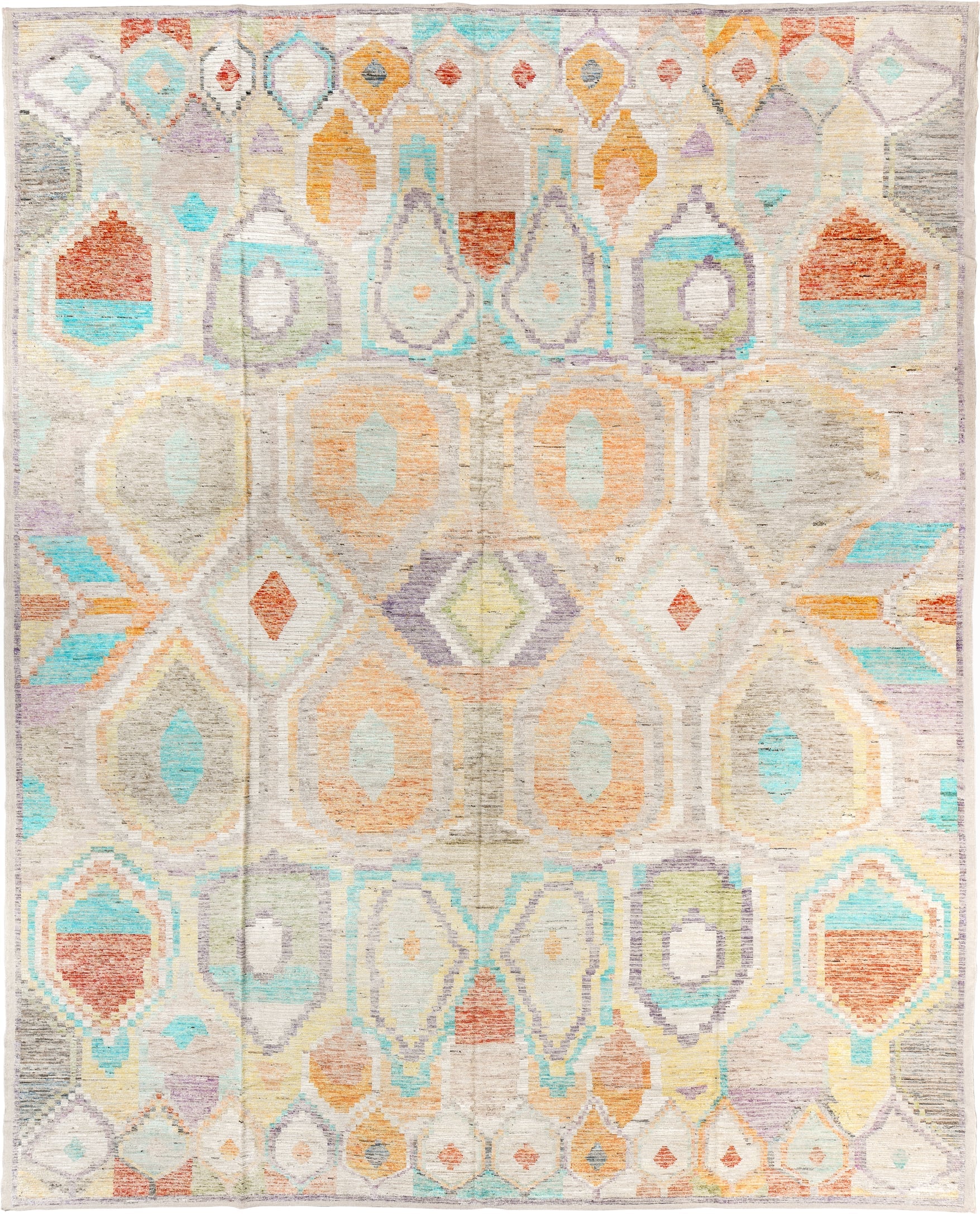 13' x 16' one-of-a-kind handmade vintage Tulu oversize rug. Color palette: ivory, aqua, apricot, lavender, taupe, coral