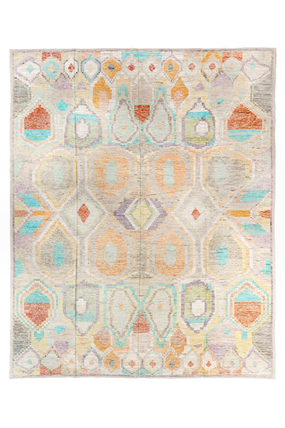 13' x 16' one-of-a-kind handmade vintage Tulu oversize rug. Color palette: blue, brown, cadet blue, gainsboro, gray