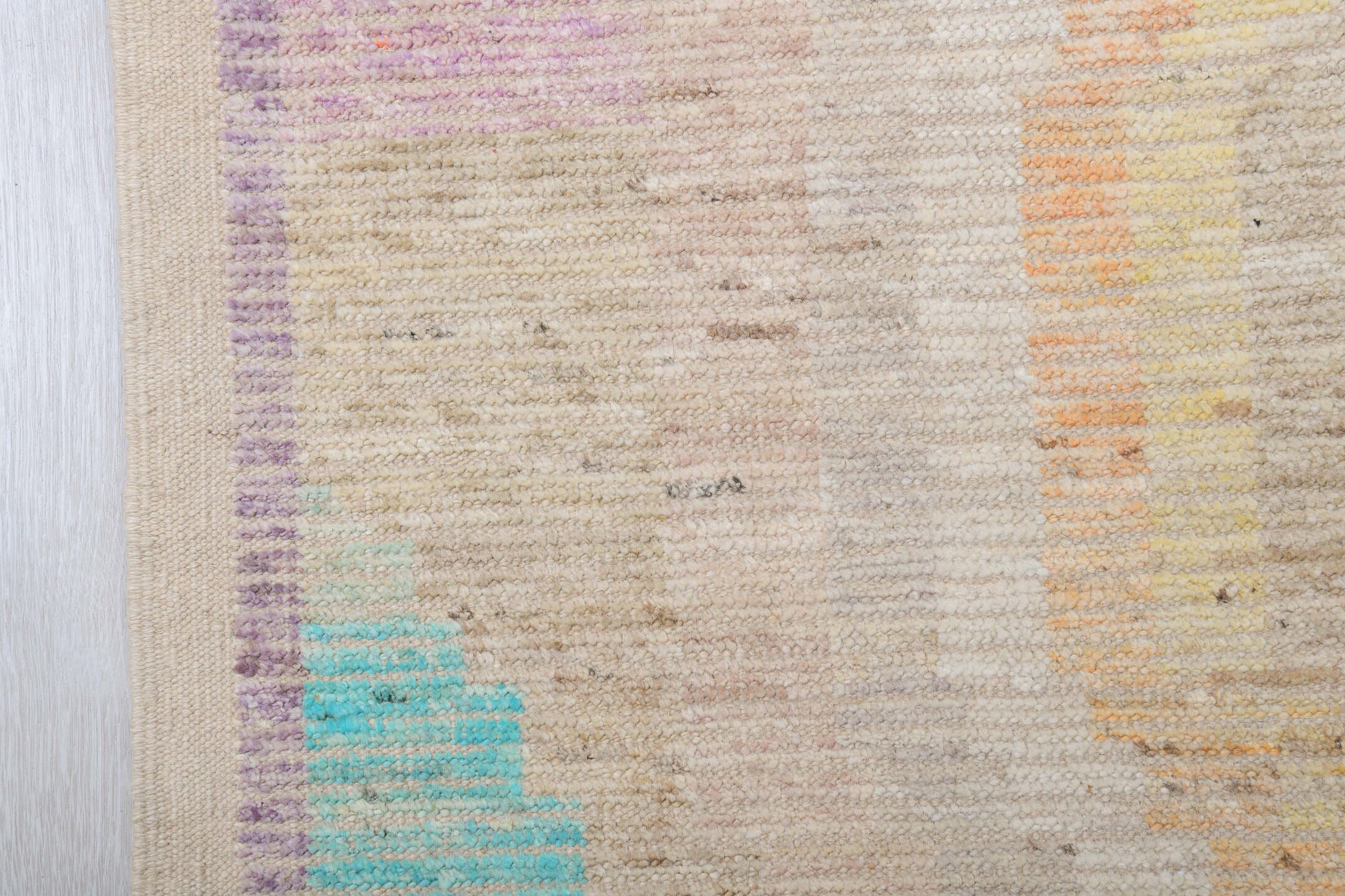 13' x 16' one-of-a-kind handmade vintage Tulu oversize rug. Color palette: ivory, aqua, apricot, lavender, taupe, coral