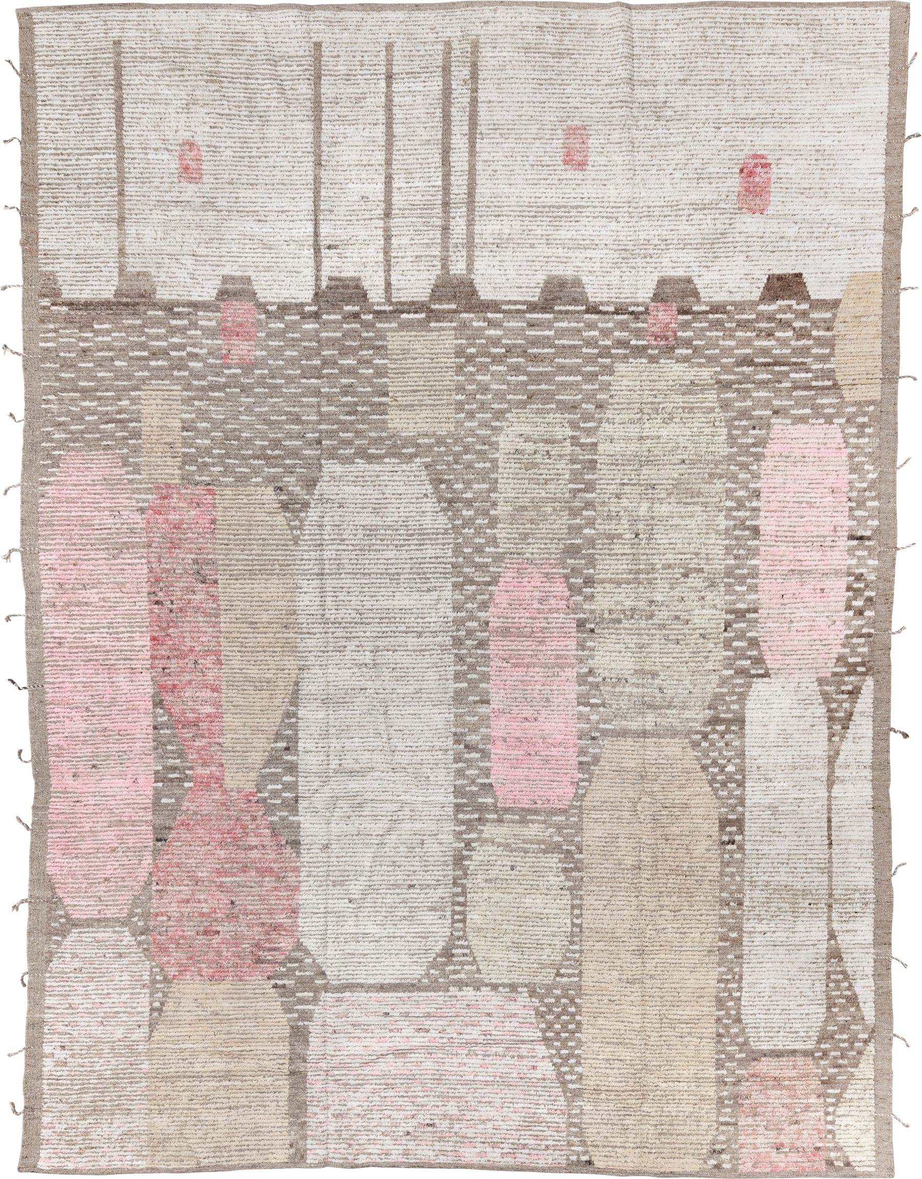 9' x 12' one-of-a-kind handmade vintage Tulu large size rug. Color palette: ivory, taupe, blush, beige, camel, rose