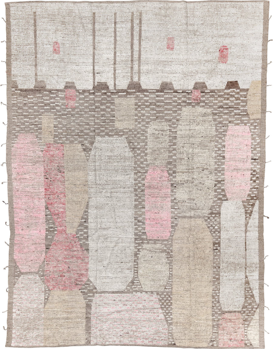 9' x 12' one-of-a-kind handmade vintage Tulu large size rug. Color palette: ivory, taupe, blush, beige, camel, rose