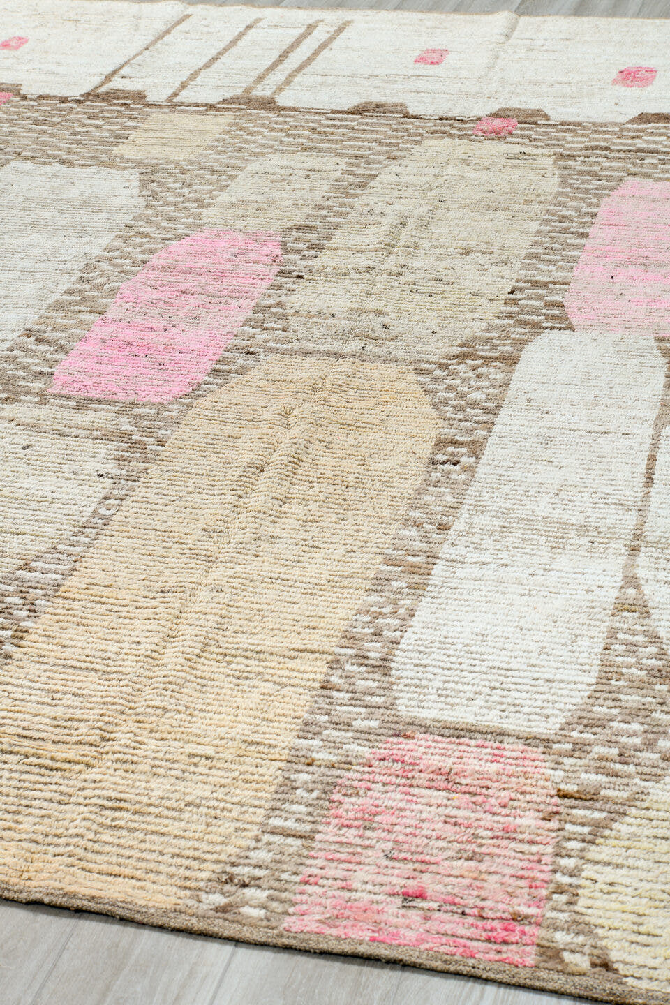 9' x 12' one-of-a-kind handmade vintage Tulu large size rug. Color palette: ivory, taupe, blush, beige, camel, rose