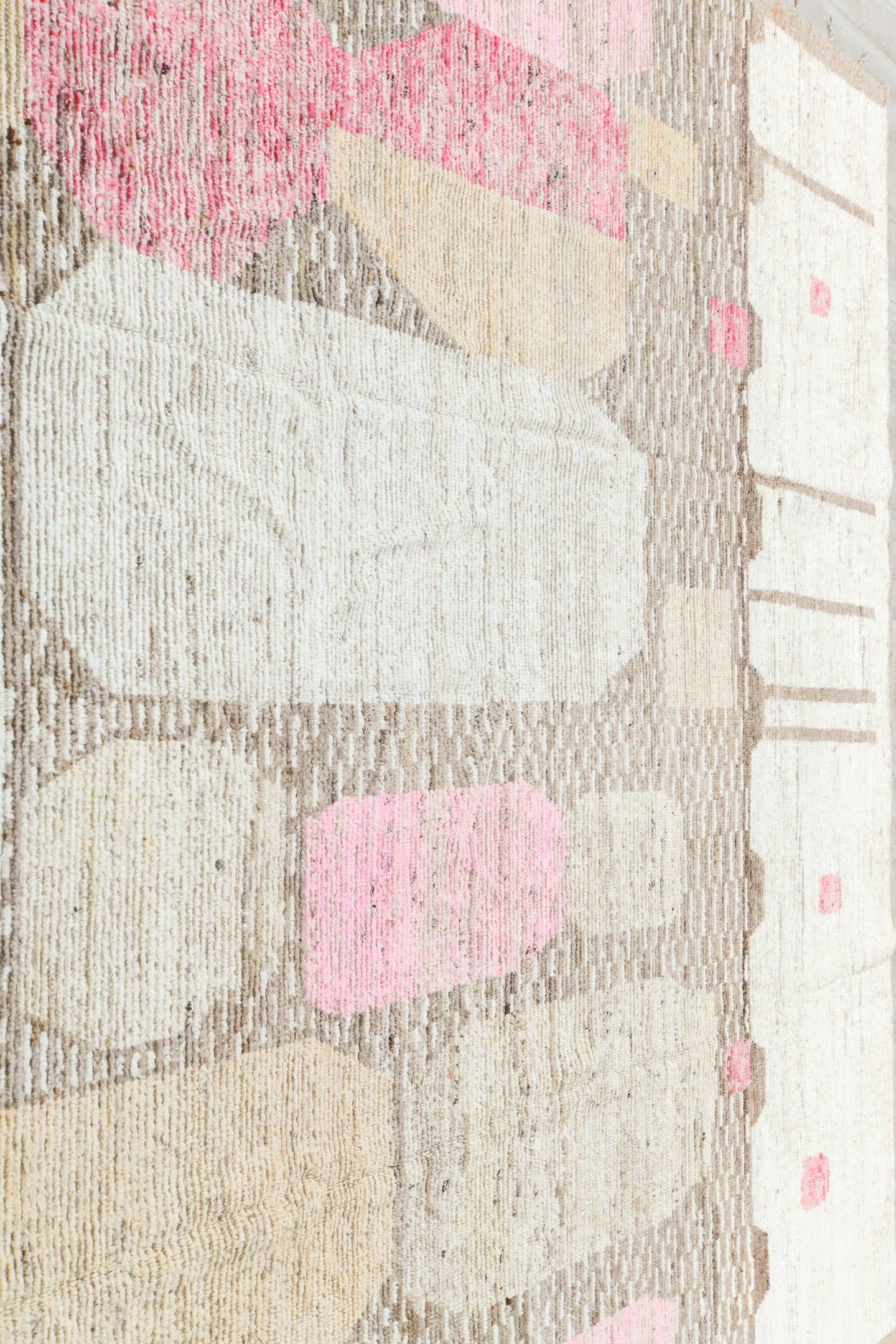9' x 12' one-of-a-kind handmade vintage Tulu large size rug. Color palette: ivory, taupe, blush, beige, camel, rose