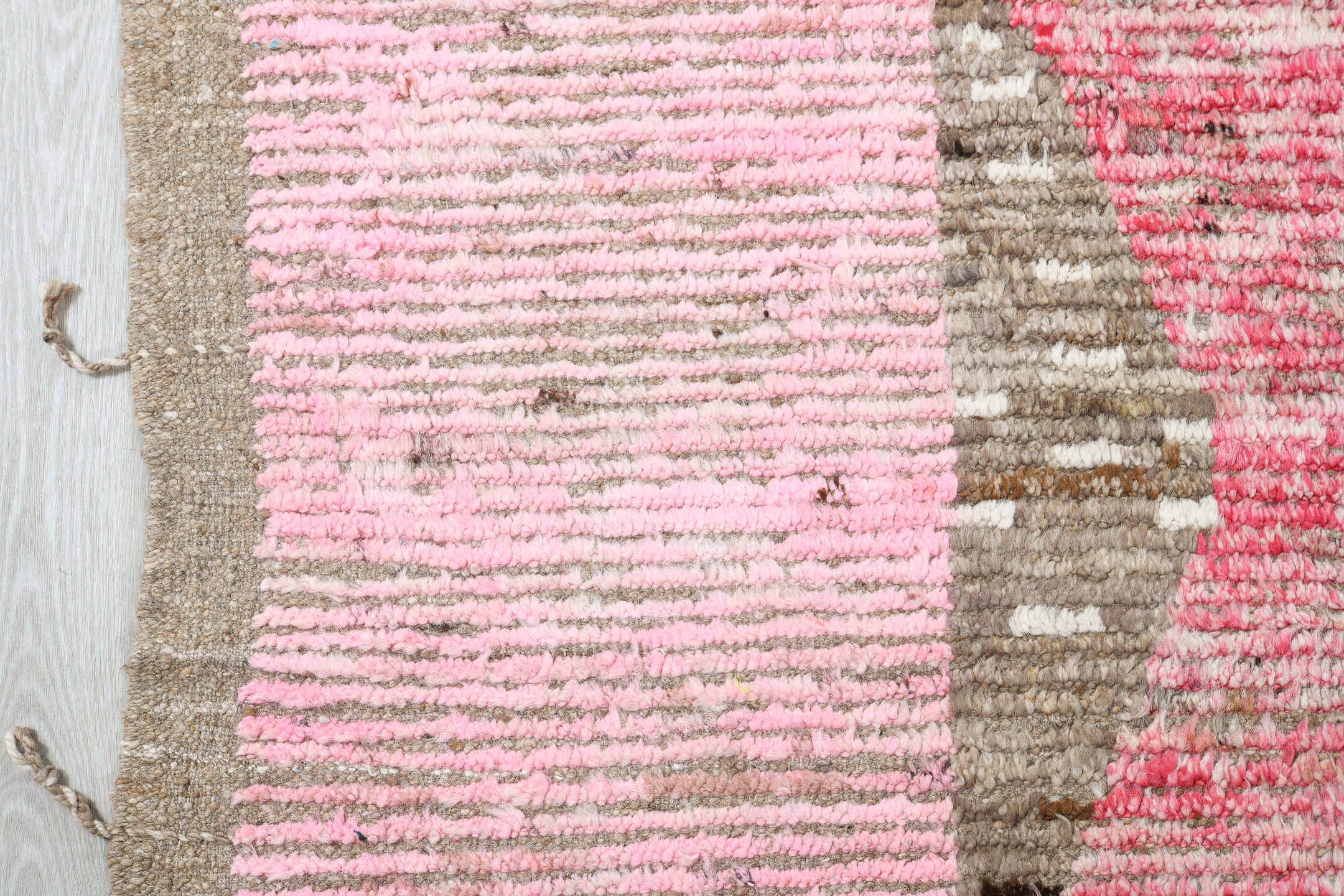 9' x 12' one-of-a-kind handmade vintage Tulu large size rug. Color palette: ivory, taupe, blush, beige, camel, rose