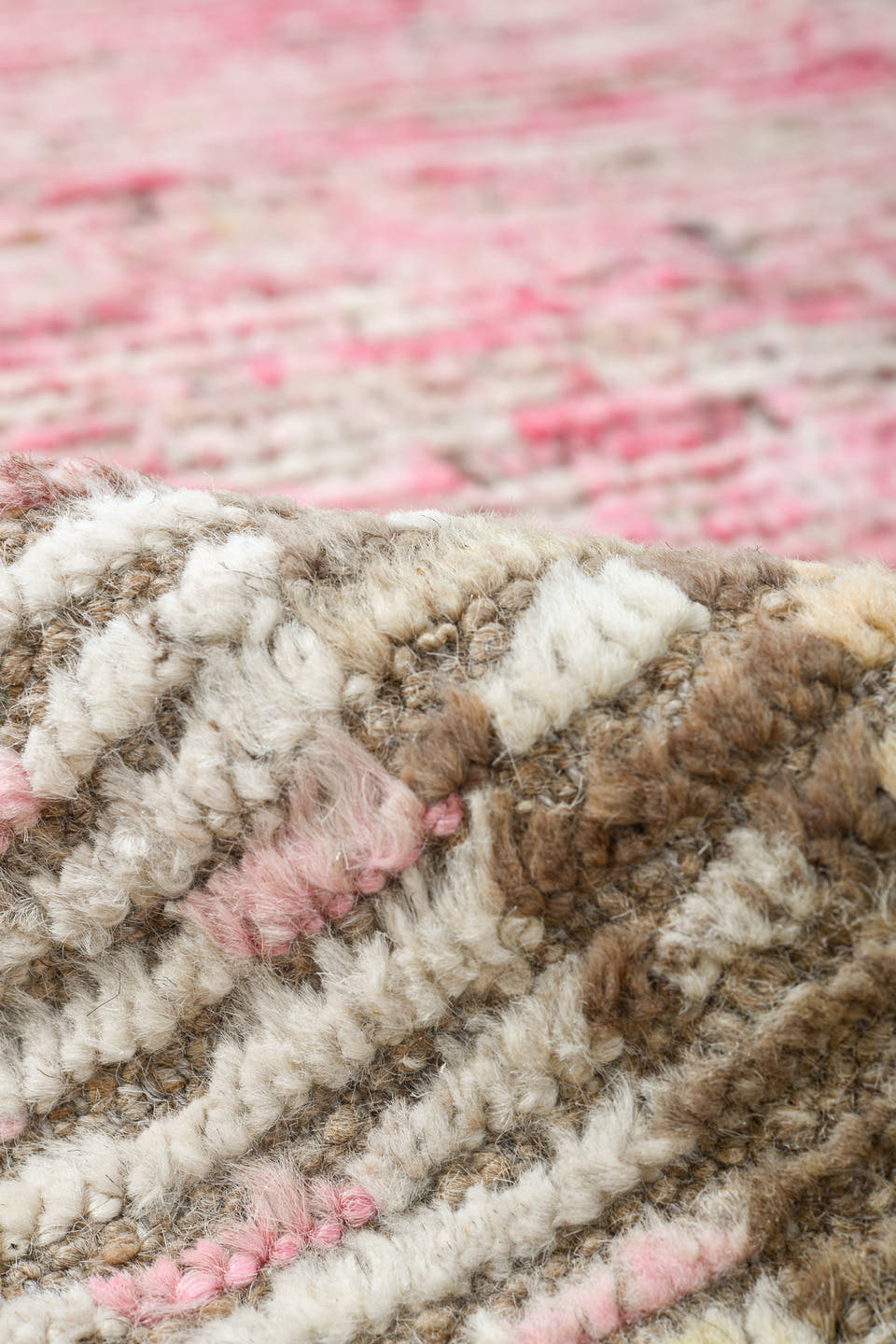 9' x 12' one-of-a-kind handmade vintage Tulu large size rug. Color palette: ivory, taupe, blush, beige, camel, rose