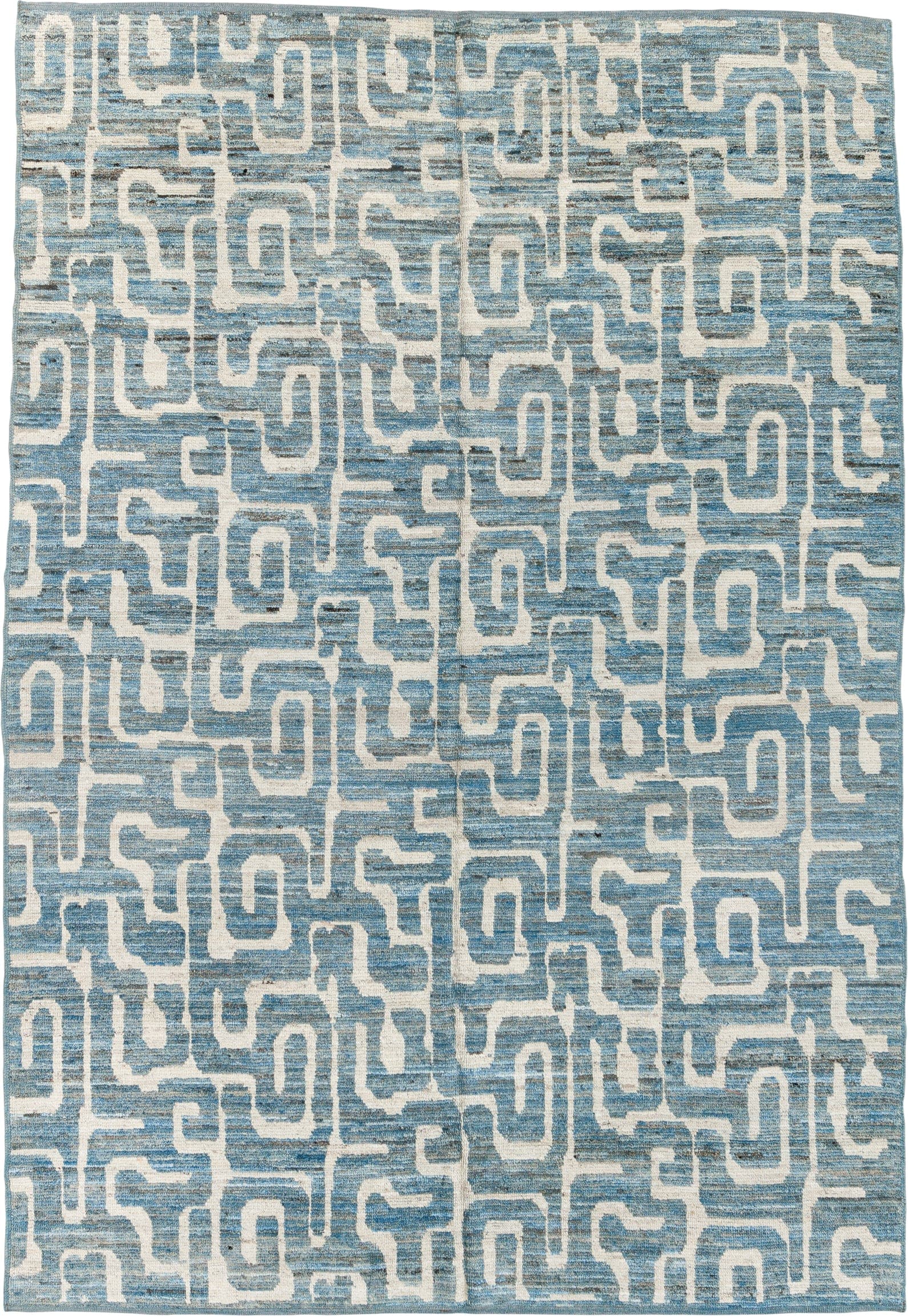 6' x 9' one-of-a-kind handmade vintage Tulu medium size rug. Color palette: sky blue, ivory, slate, cream, light blue, gray