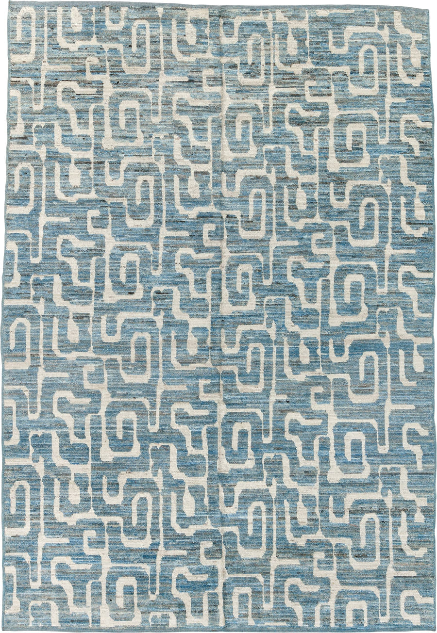 6' x 9' one-of-a-kind handmade vintage Tulu medium size rug. Color palette: sky blue, ivory, slate, cream, light blue, gray