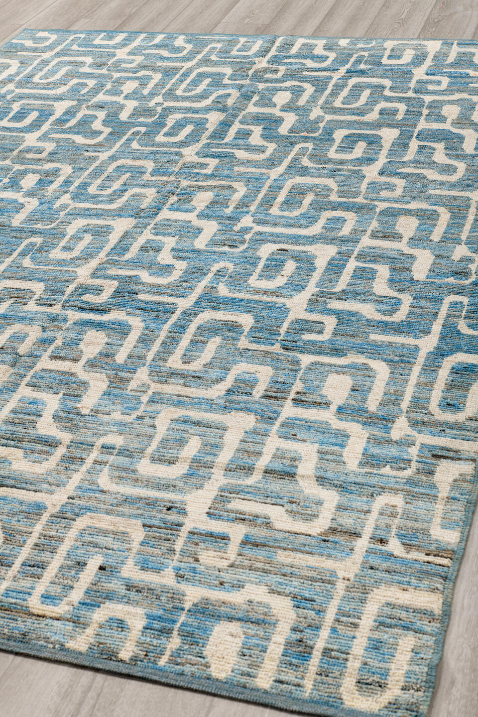 6' x 9' one-of-a-kind handmade vintage Tulu medium size rug. Color palette: sky blue, ivory, slate, cream, light blue, gray