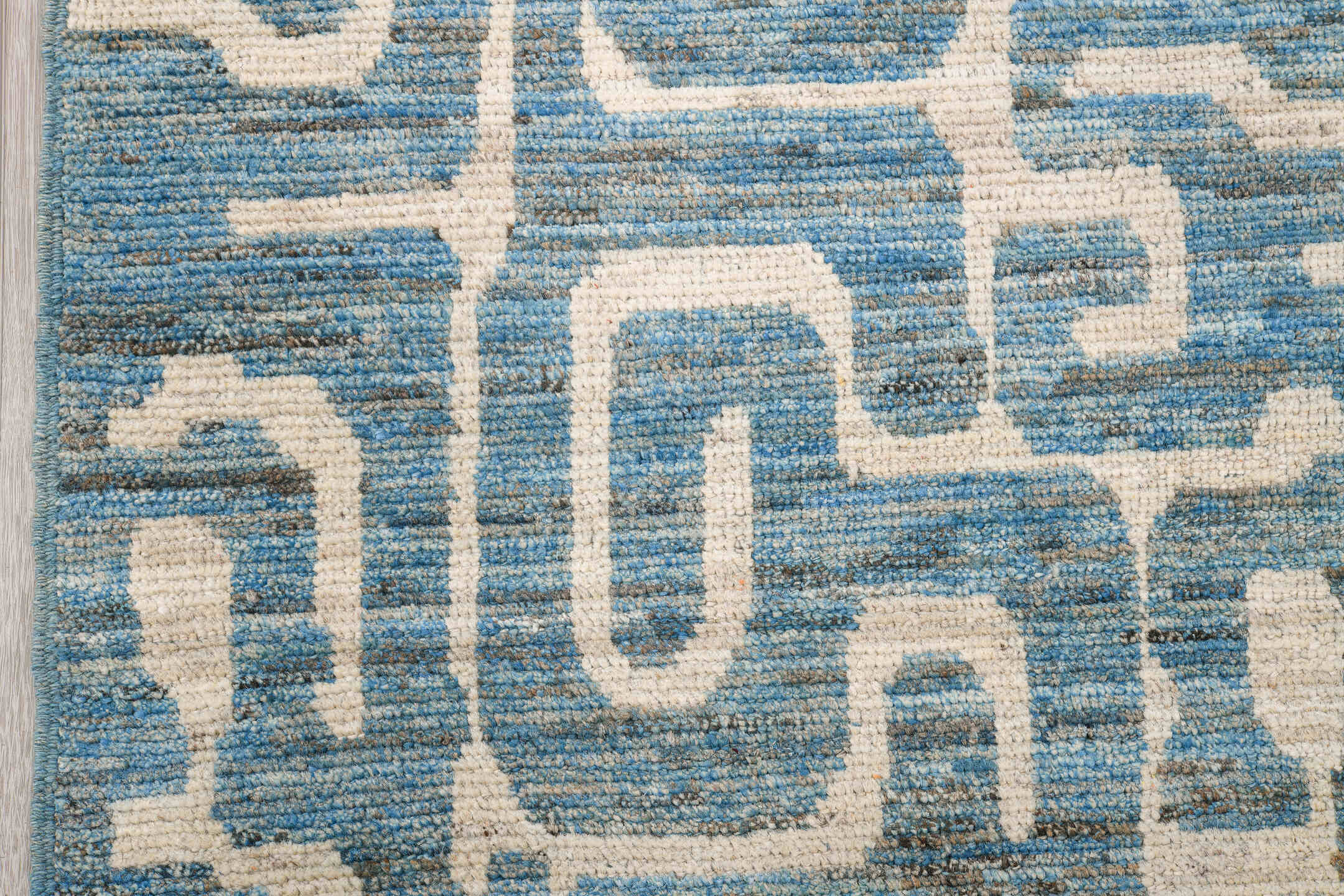 6' x 9' one-of-a-kind handmade vintage Tulu medium size rug. Color palette: sky blue, ivory, slate, cream, light blue, gray