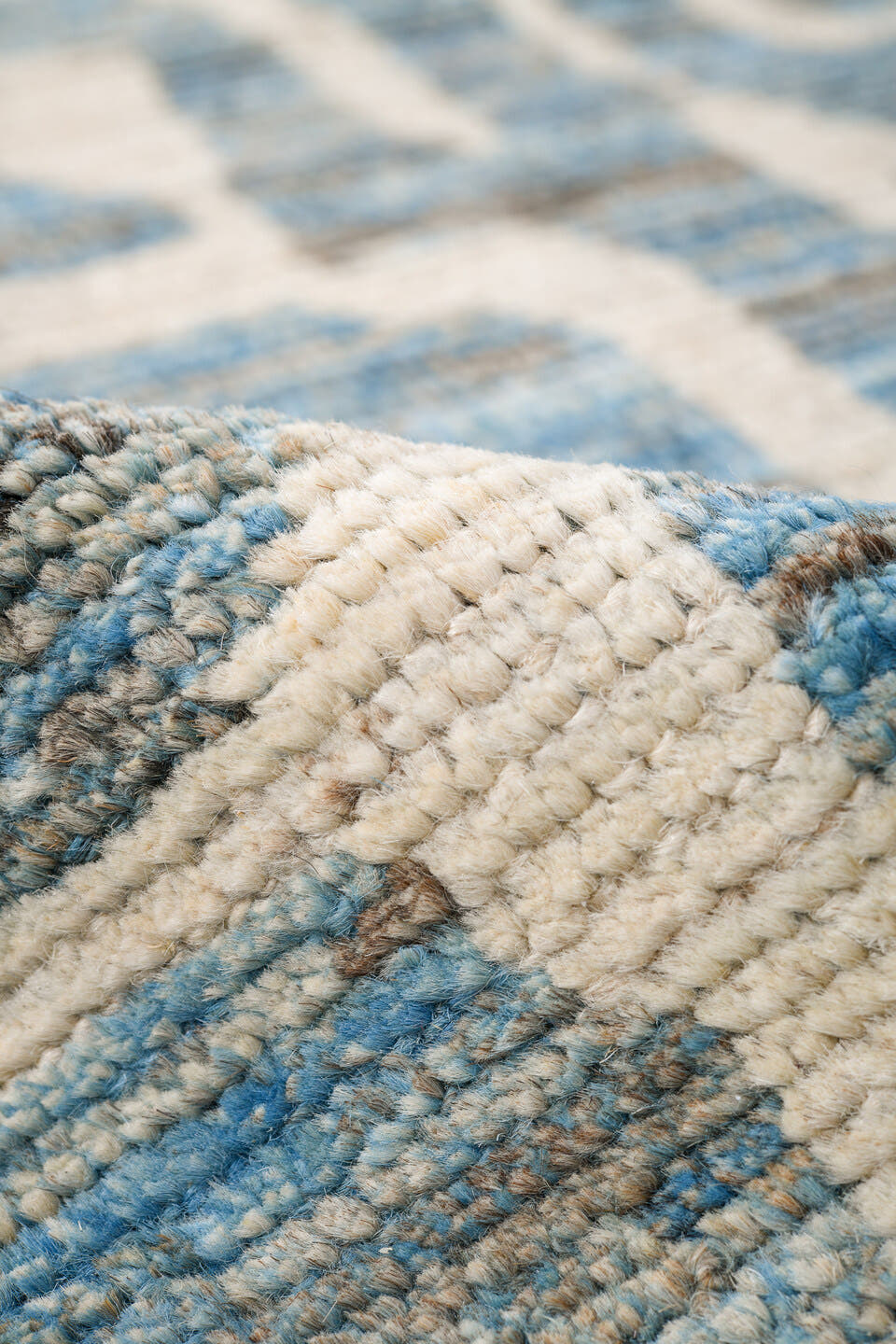 6' x 9' one-of-a-kind handmade vintage Tulu medium size rug. Color palette: sky blue, ivory, slate, cream, light blue, gray