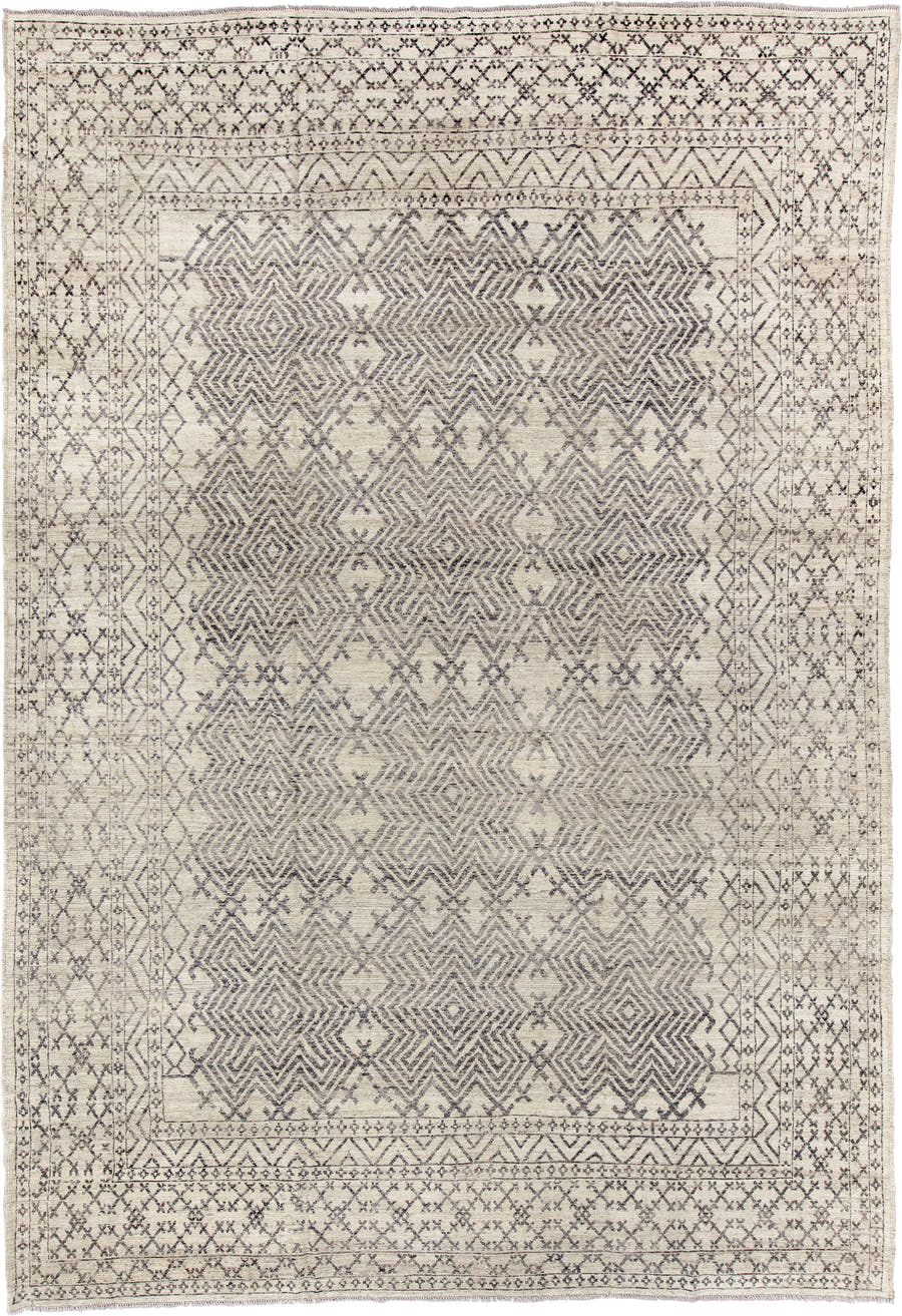 10' x 14' one-of-a-kind handmade vintage Khorassan large size rug. Color palette: ivory, charcoal, taupe, gray, cream, black