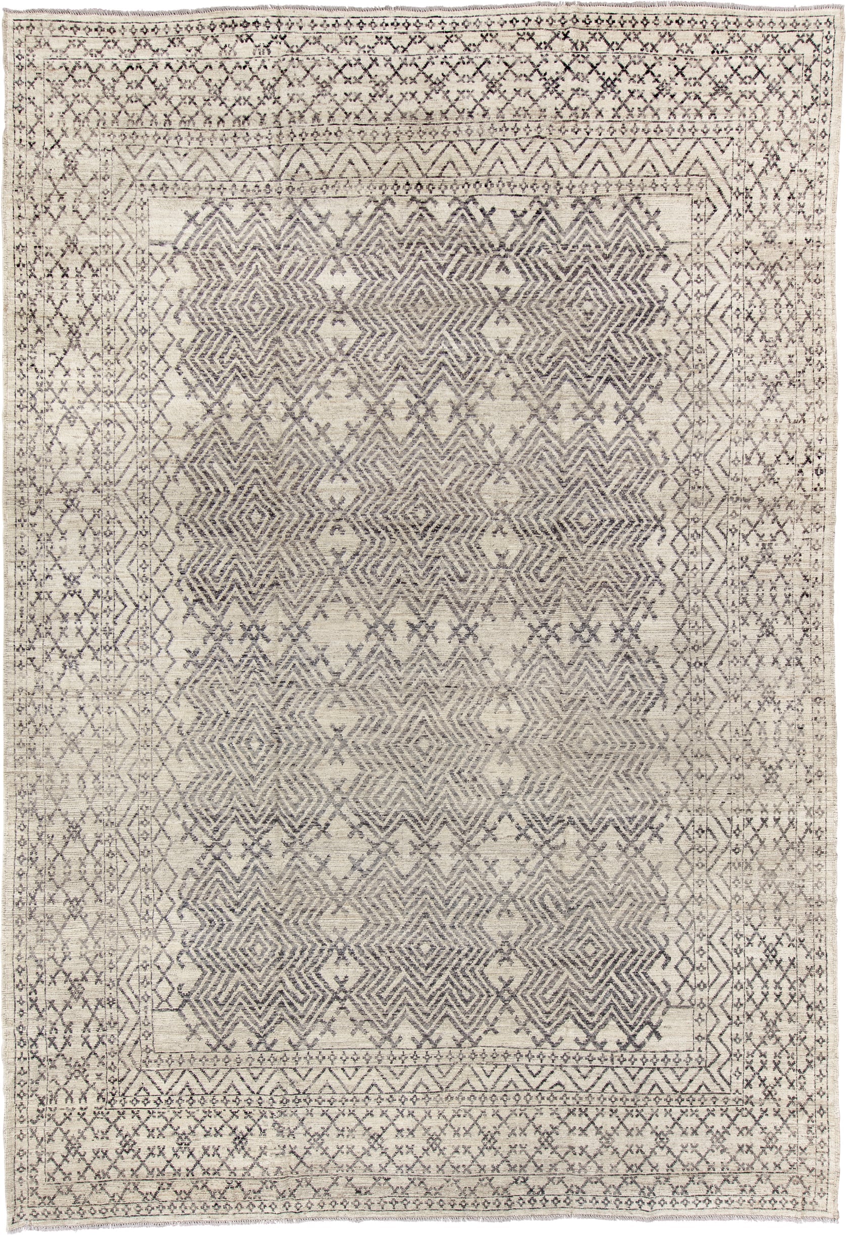 10' x 14' one-of-a-kind handmade vintage Khorassan large size rug. Color palette: ivory, charcoal, taupe, gray, cream, black
