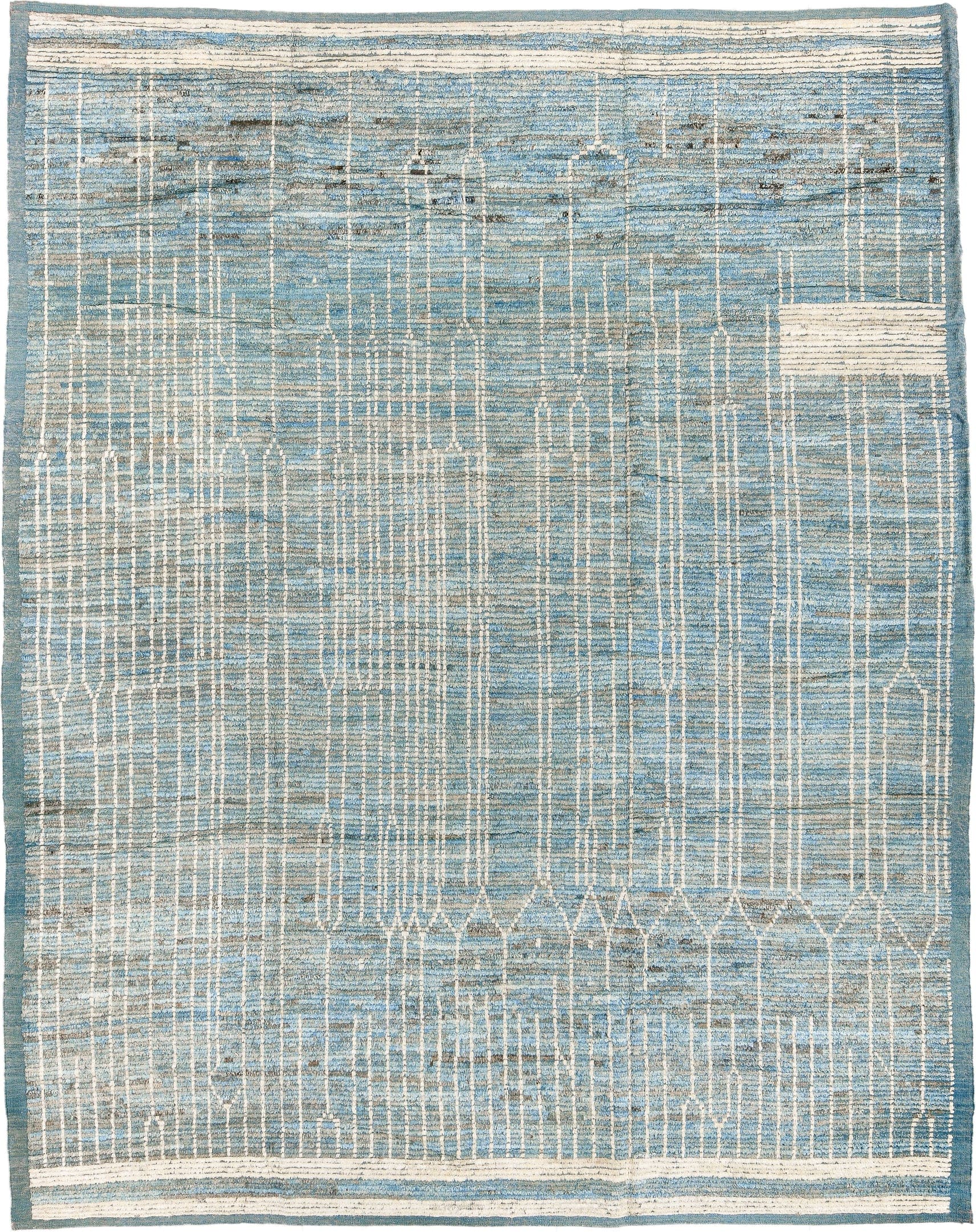 9' x 11' one-of-a-kind handmade vintage Tulu large size rug. Color palette: pale blue, ivory, cream, taupe, slate