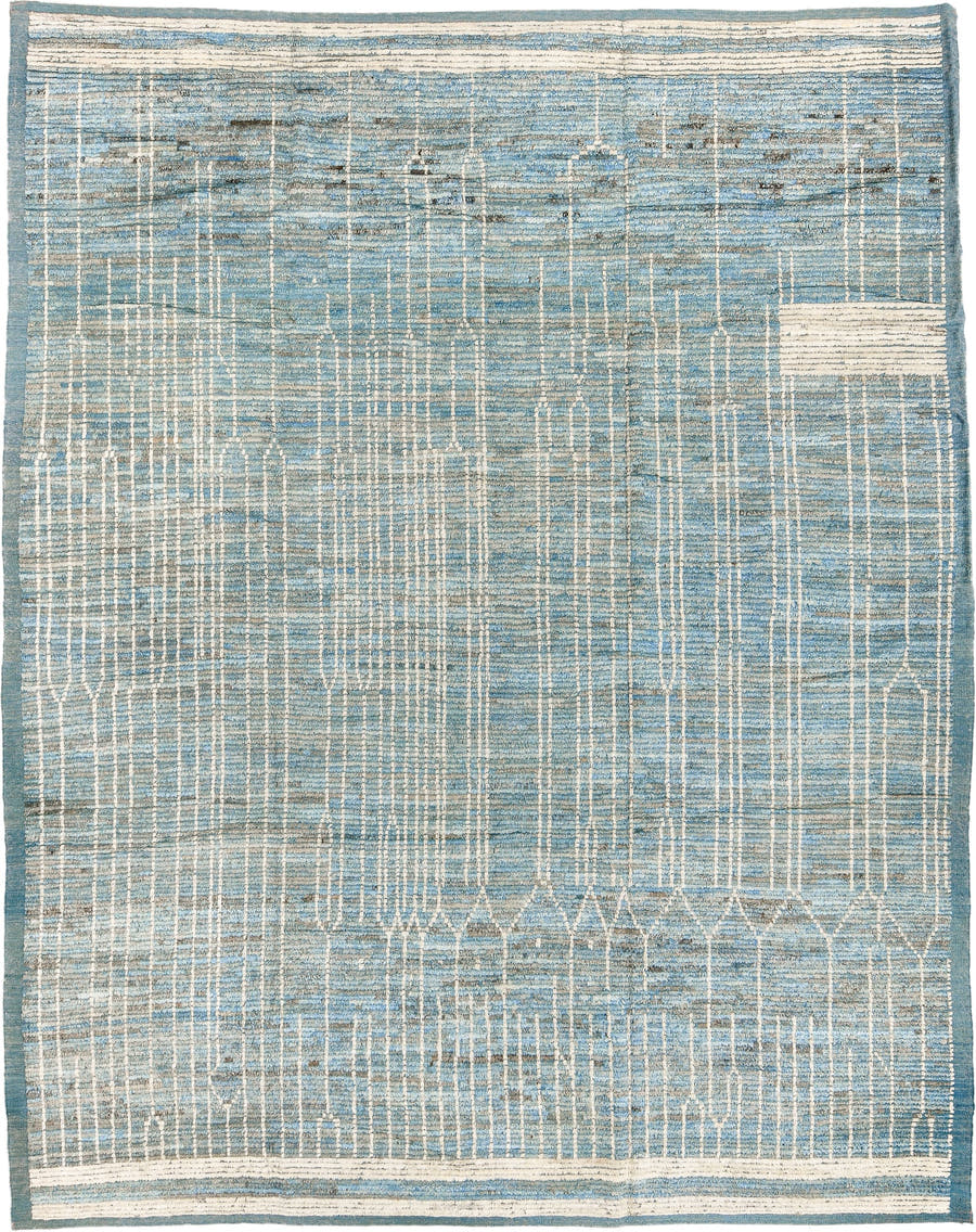 9' x 11' one-of-a-kind handmade vintage Tulu large size rug. Color palette: pale blue, ivory, cream, taupe, slate