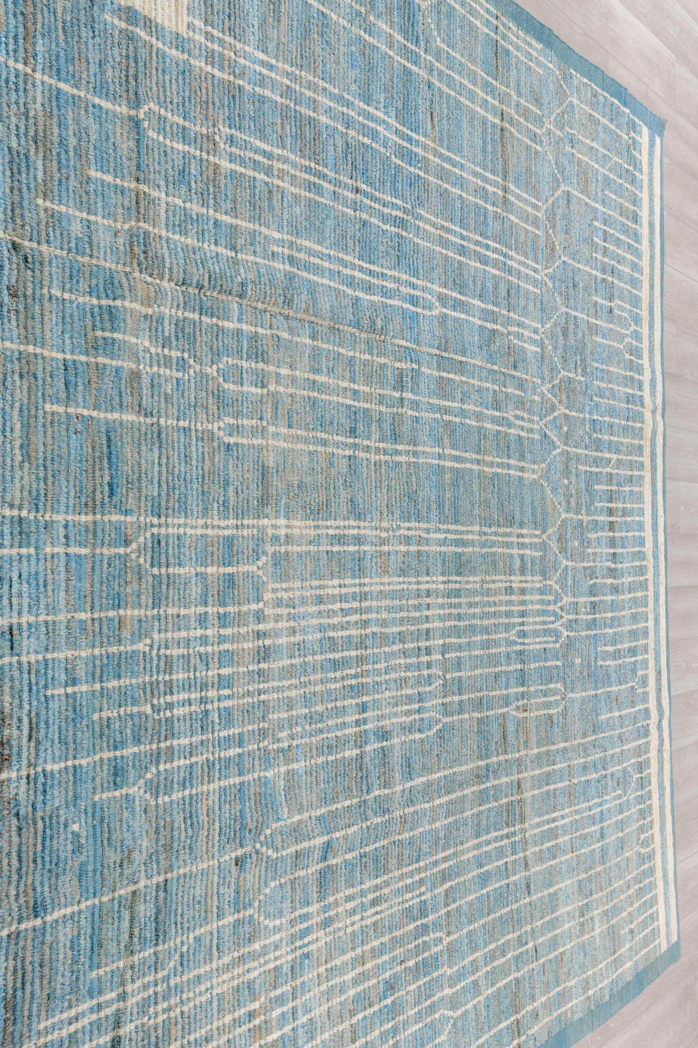 9' x 11' one-of-a-kind handmade vintage Tulu large size rug. Color palette: pale blue, ivory, cream, taupe, slate