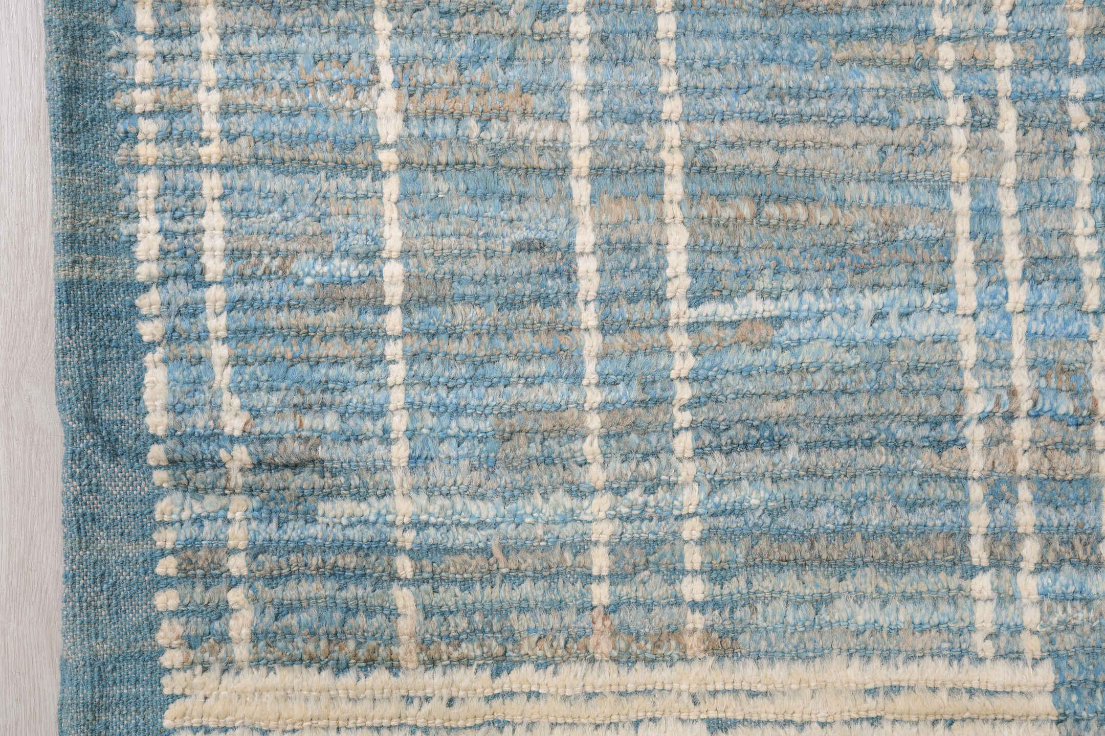 9' x 11' one-of-a-kind handmade vintage Tulu large size rug. Color palette: pale blue, ivory, cream, taupe, slate