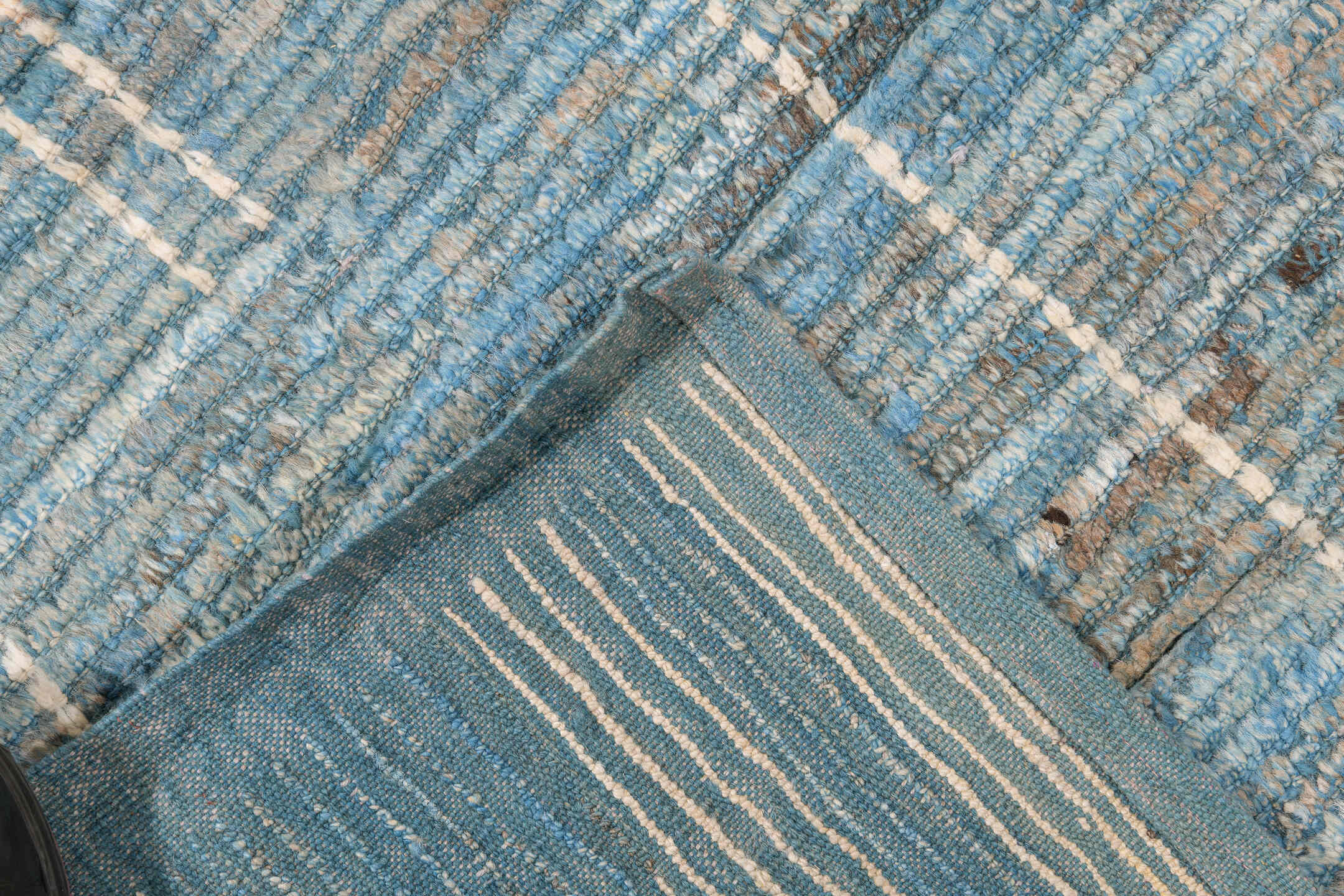 9' x 11' one-of-a-kind handmade vintage Tulu large size rug. Color palette: pale blue, ivory, cream, taupe, slate