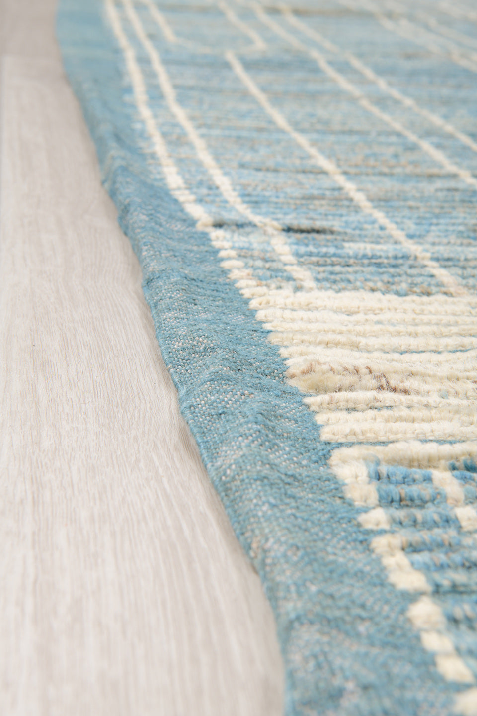 9' x 11' one-of-a-kind handmade vintage Tulu large size rug. Color palette: pale blue, ivory, cream, taupe, slate