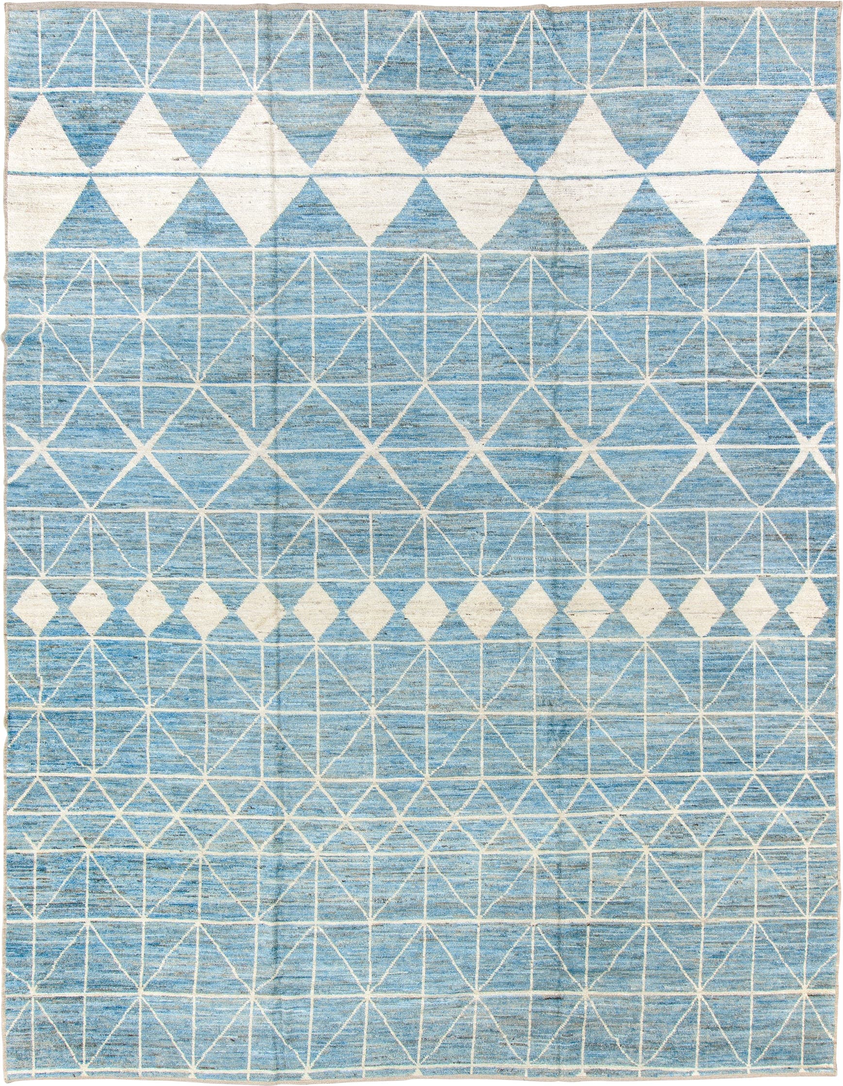 10' x 13' one-of-a-kind handmade vintage Tulu large size rug. Color palette: sky blue, ivory, cream, taupe, light blue