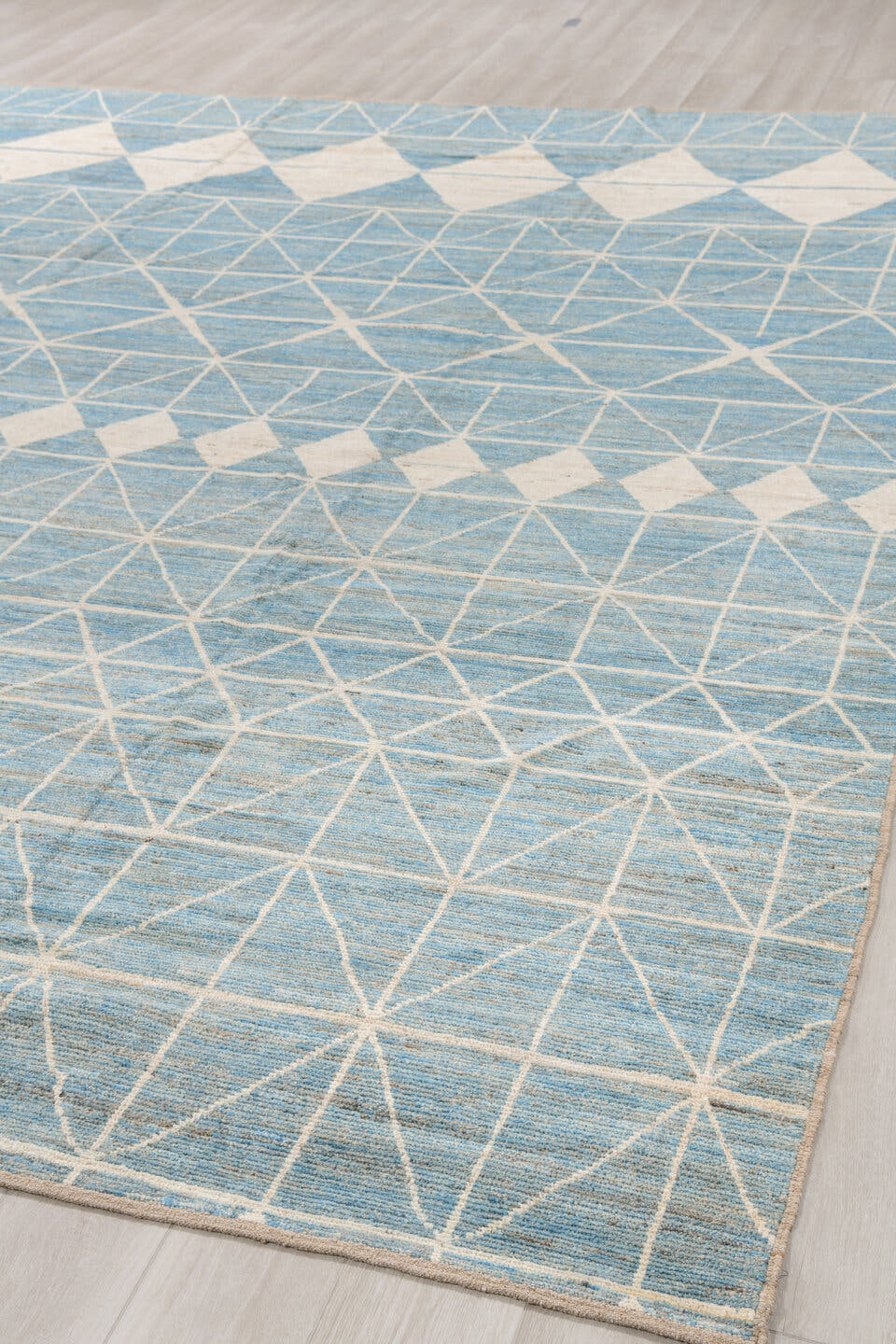 10' x 13' one-of-a-kind handmade vintage Tulu large size rug. Color palette: sky blue, ivory, cream, taupe, light blue
