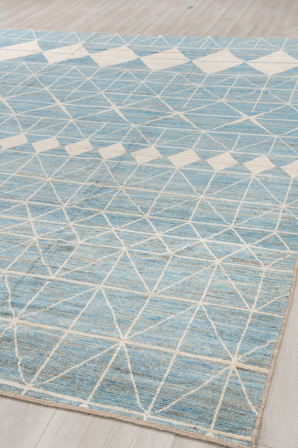 10' x 13' one-of-a-kind handmade vintage Tulu large size rug. Color palette: sky blue, ivory, cream, taupe, light blue