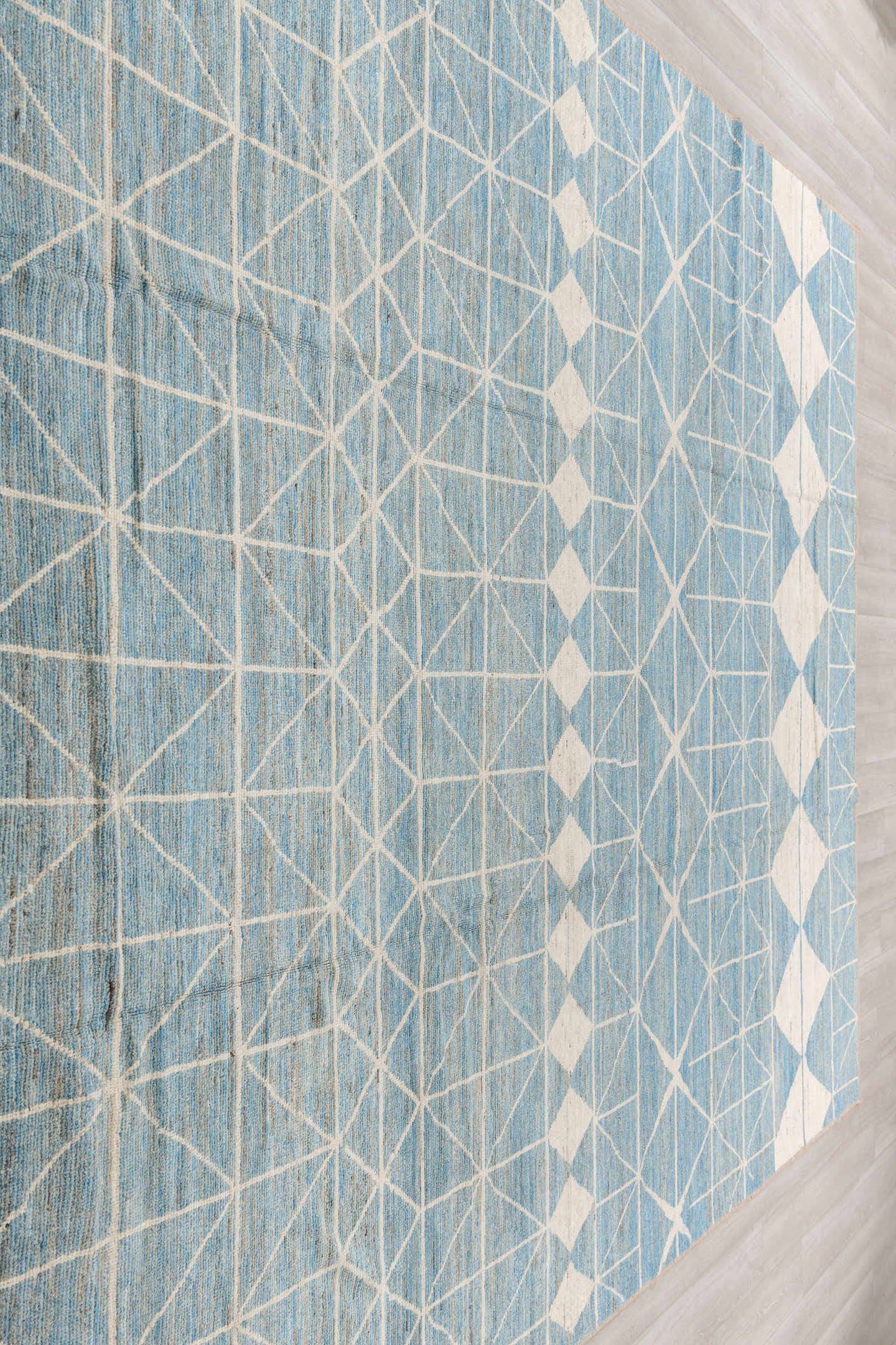 10' x 13' one-of-a-kind handmade vintage Tulu large size rug. Color palette: sky blue, ivory, cream, taupe, light blue