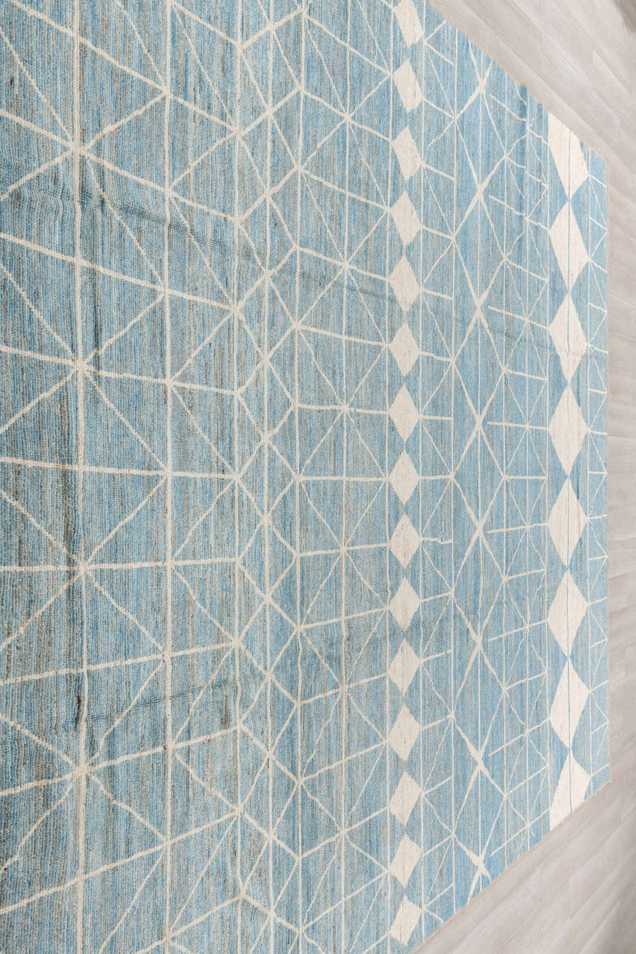 10' x 13' one-of-a-kind handmade vintage Tulu large size rug. Color palette: sky blue, ivory, cream, taupe, light blue