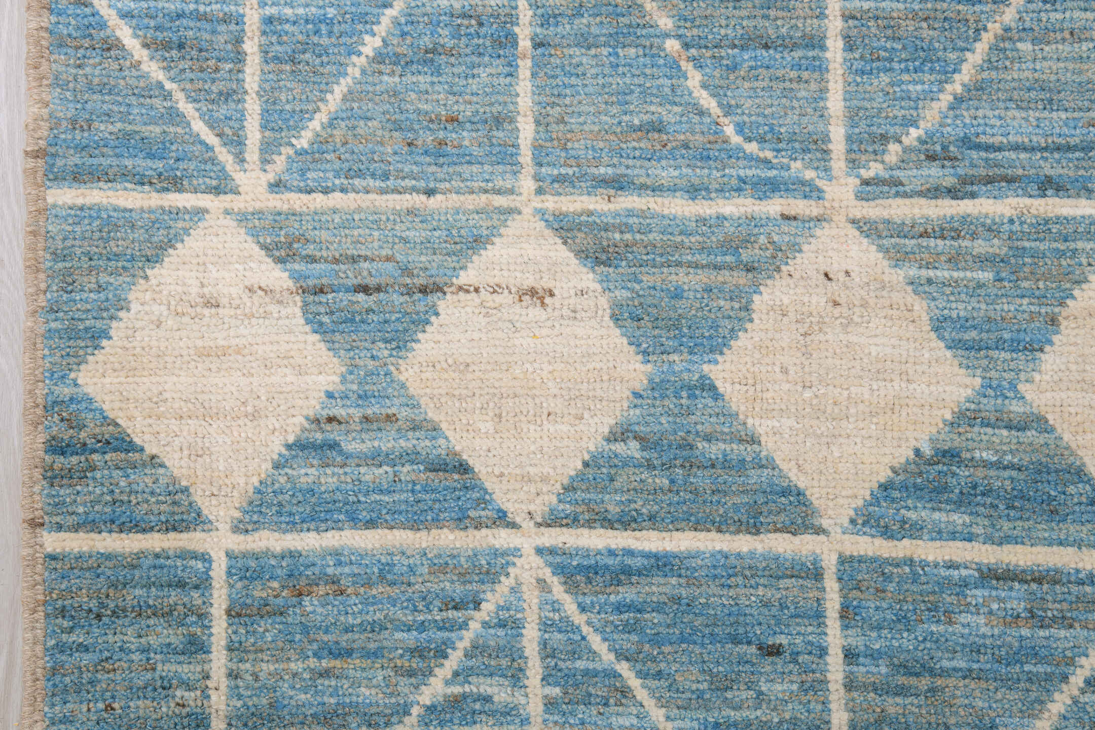 10' x 13' one-of-a-kind handmade vintage Tulu large size rug. Color palette: sky blue, ivory, cream, taupe, light blue