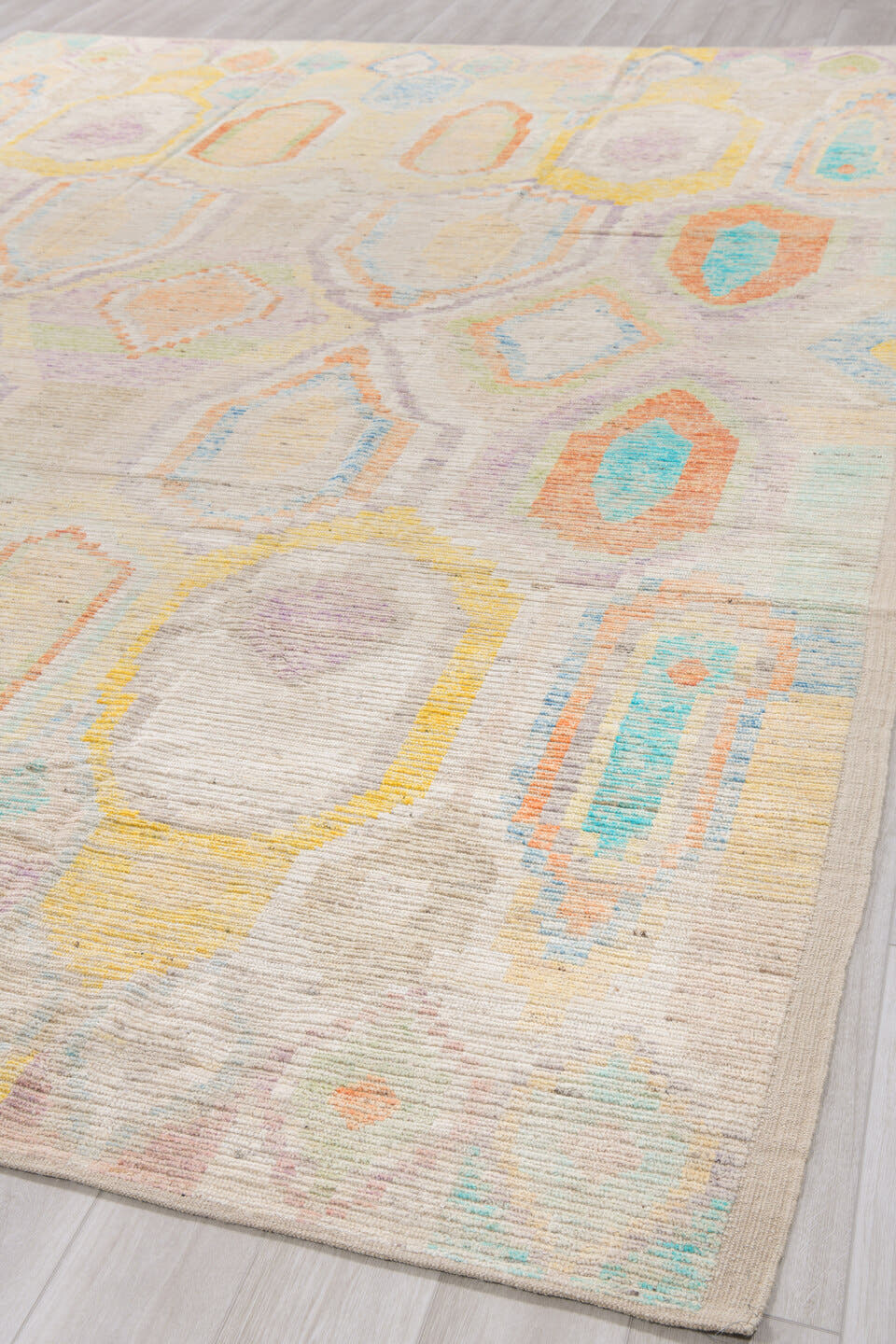 10' x 13' one-of-a-kind handmade vintage Tulu large size rug. Color palette: ivory, aqua, apricot, lavender, pale yellow