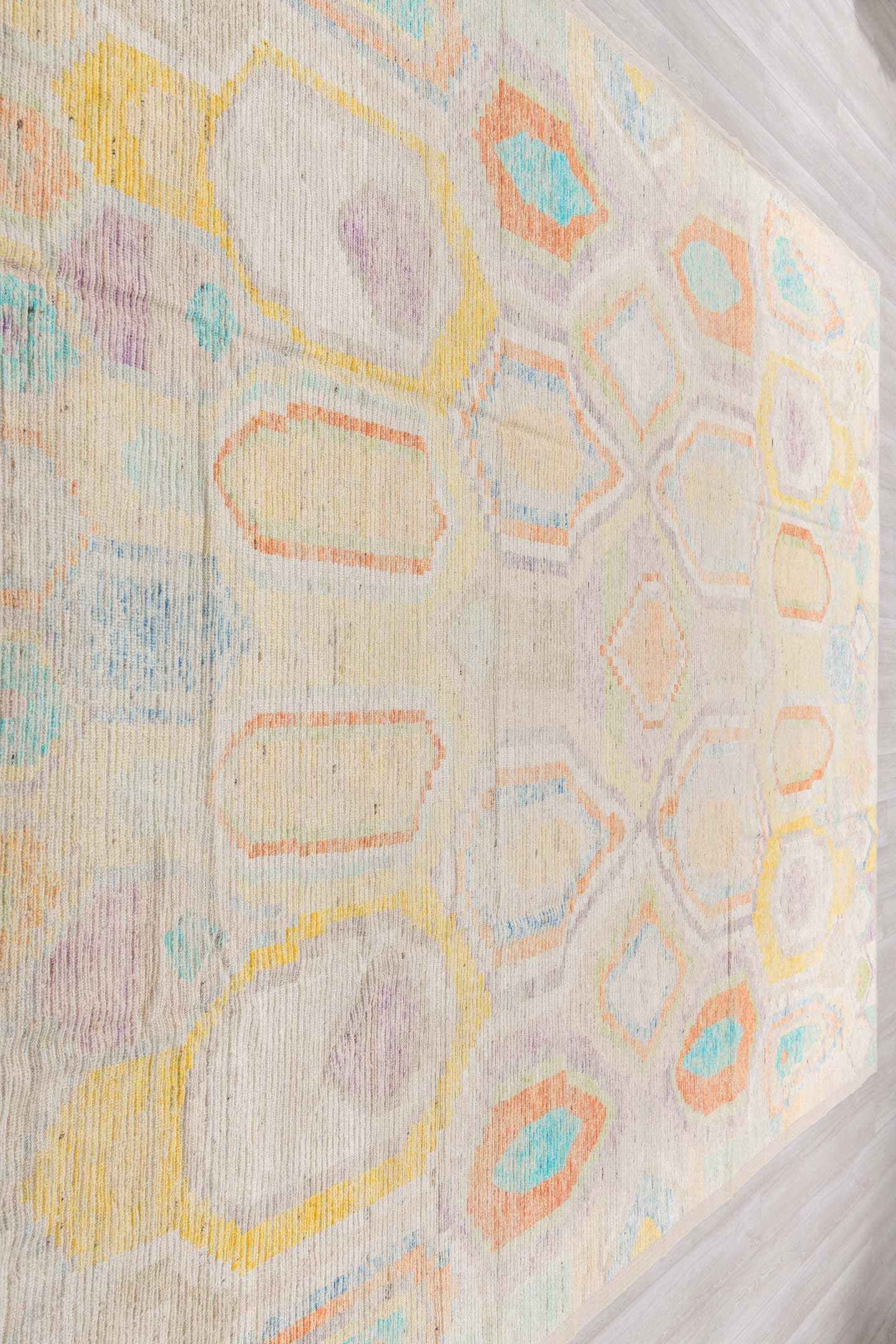 10' x 13' one-of-a-kind handmade vintage Tulu large size rug. Color palette: ivory, aqua, apricot, lavender, pale yellow
