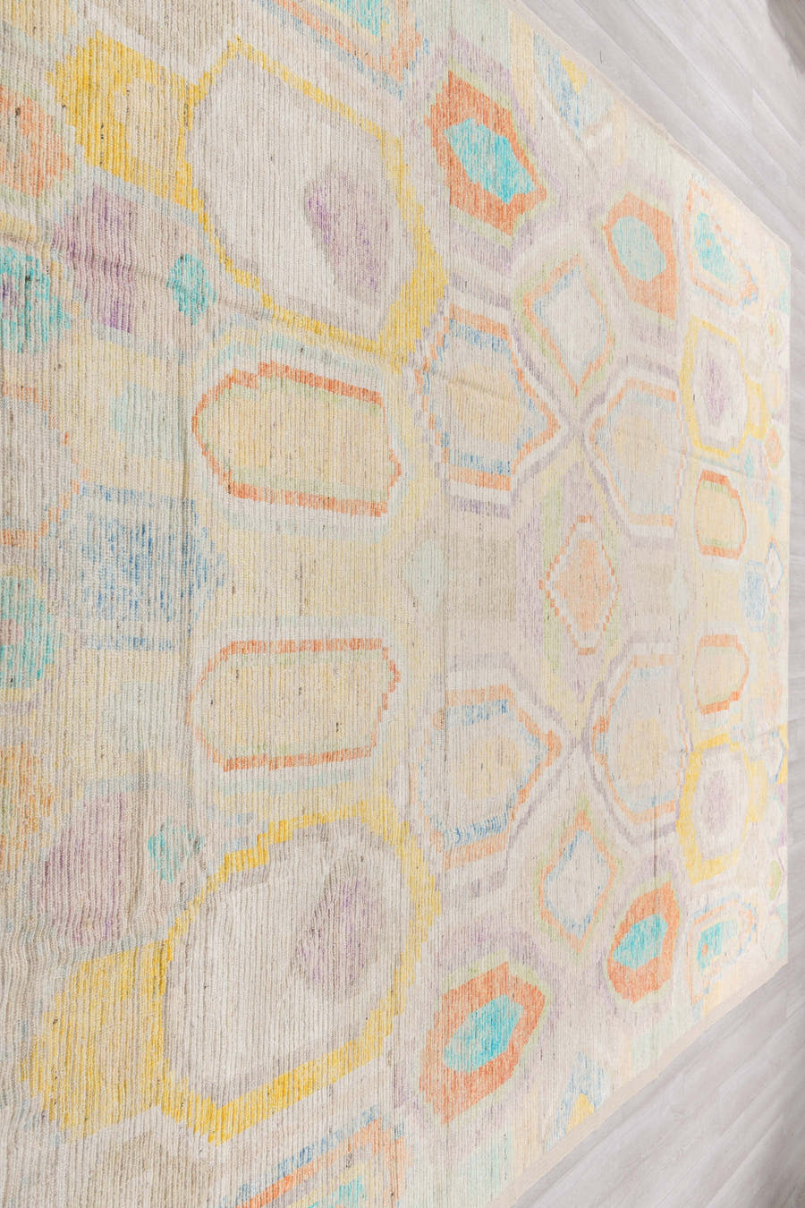10' x 13' one-of-a-kind handmade vintage Tulu large size rug. Color palette: ivory, aqua, apricot, lavender, pale yellow