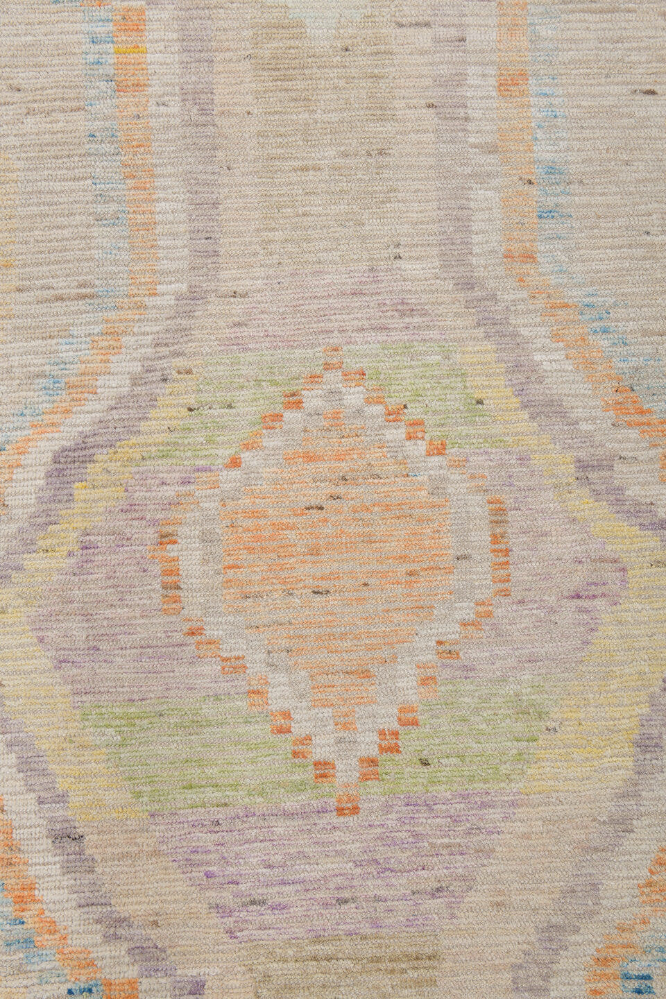 10' x 13' one-of-a-kind handmade vintage Tulu large size rug. Color palette: ivory, aqua, apricot, lavender, pale yellow