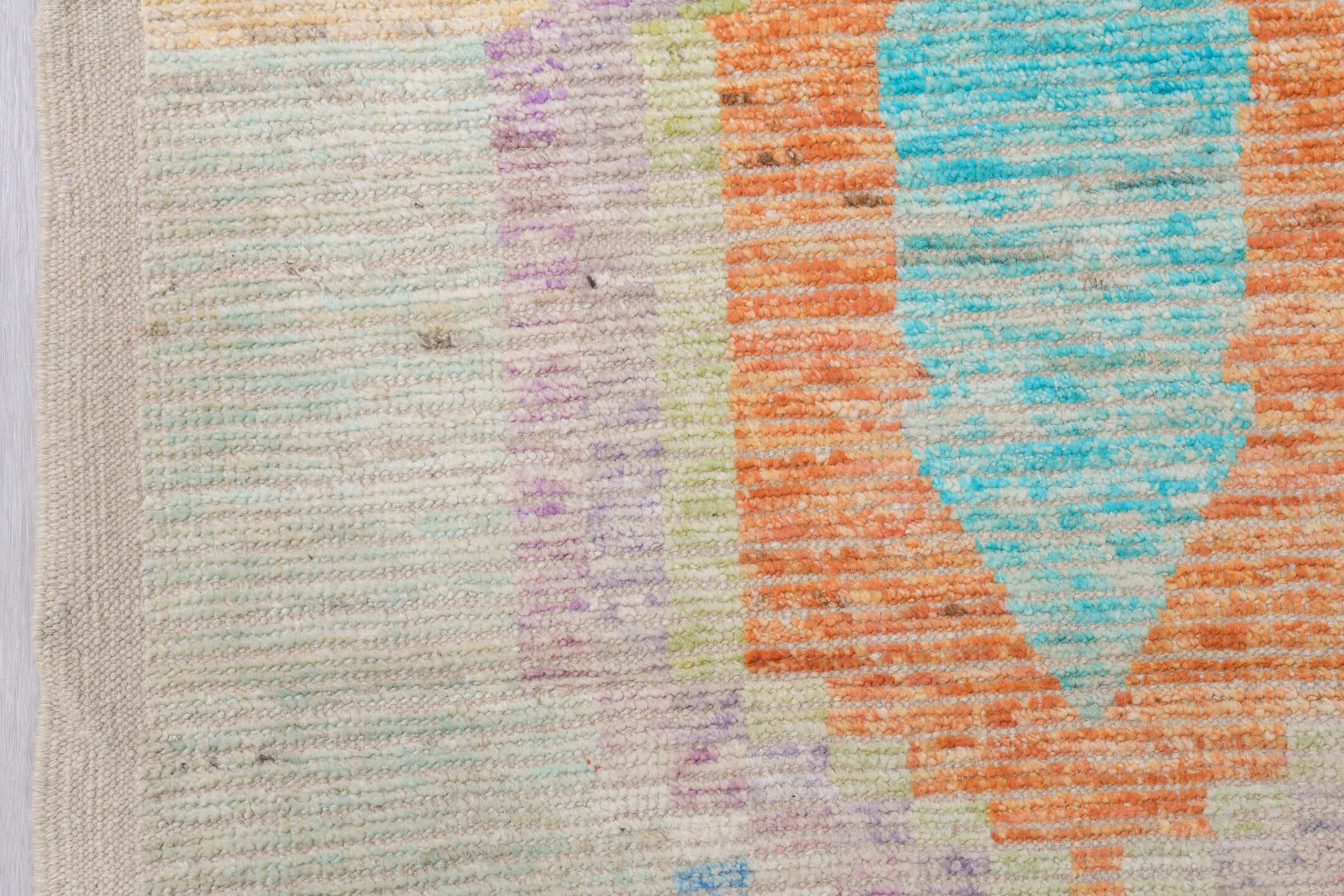 10' x 13' one-of-a-kind handmade vintage Tulu large size rug. Color palette: ivory, aqua, apricot, lavender, pale yellow