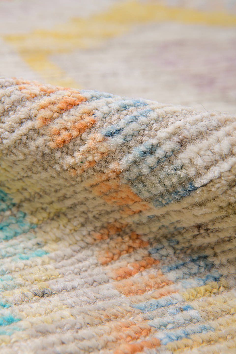 10' x 13' one-of-a-kind handmade vintage Tulu large size rug. Color palette: ivory, aqua, apricot, lavender, pale yellow