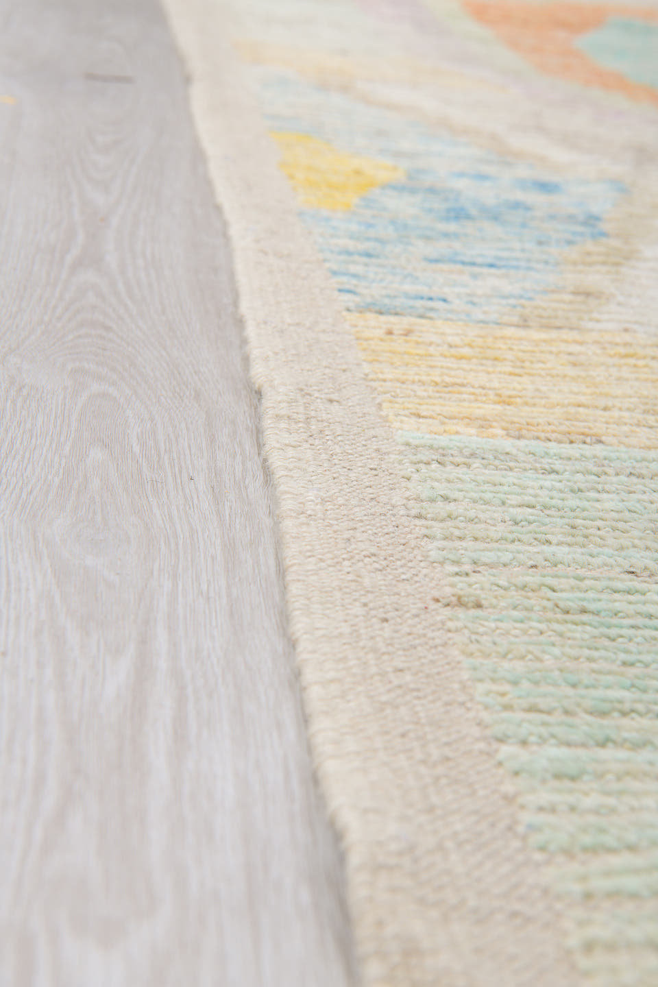 10' x 13' one-of-a-kind handmade vintage Tulu large size rug. Color palette: ivory, aqua, apricot, lavender, pale yellow