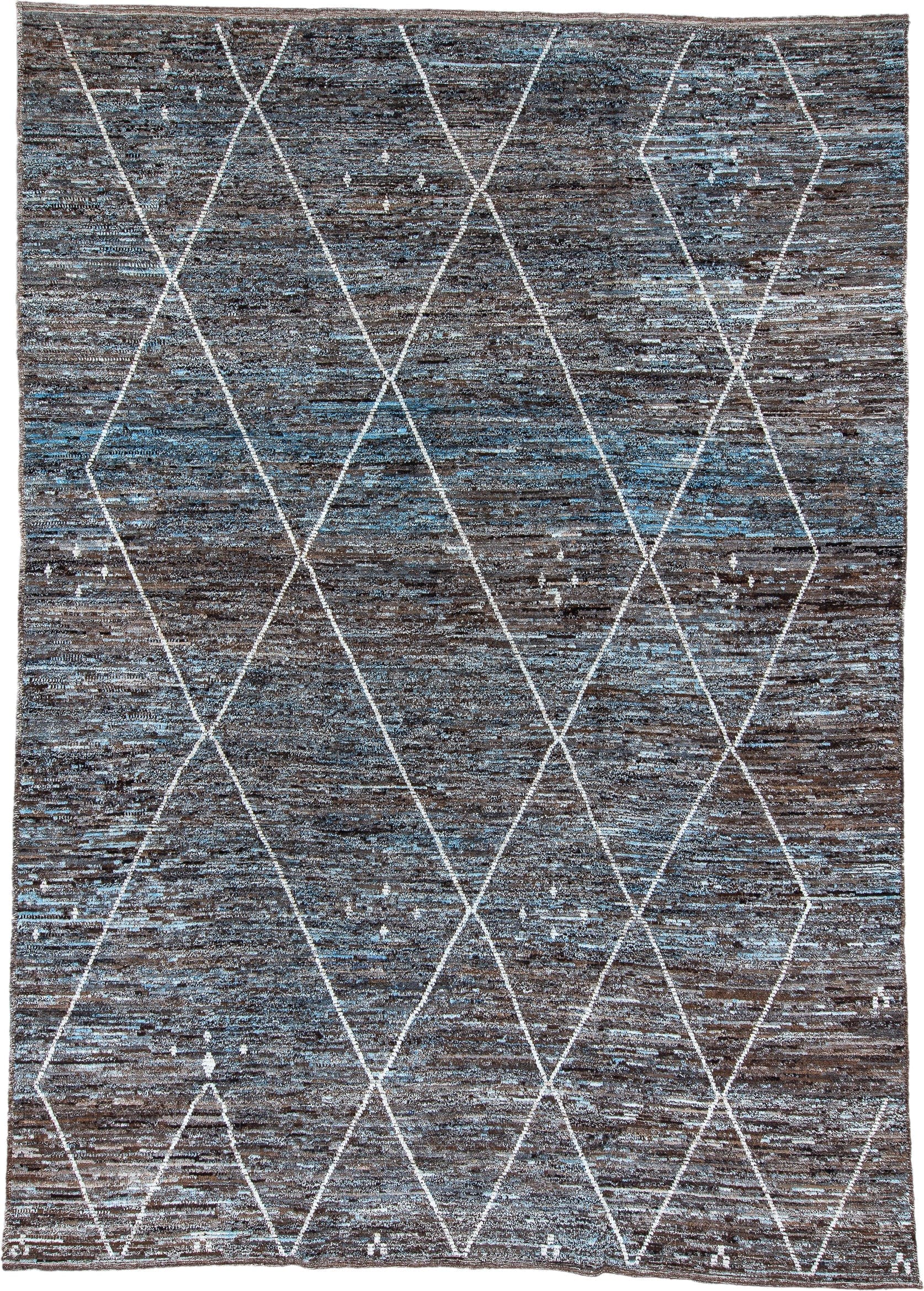 10' x 14' one-of-a-kind handmade vintage Tulu large size rug. Color palette: charcoal, brown, sky blue, ivory, slate, gray