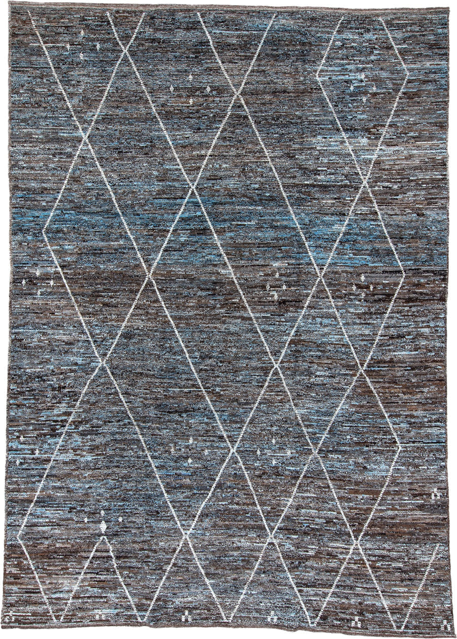 10' x 14' one-of-a-kind handmade vintage Tulu large size rug. Color palette: charcoal, brown, sky blue, ivory, slate, gray