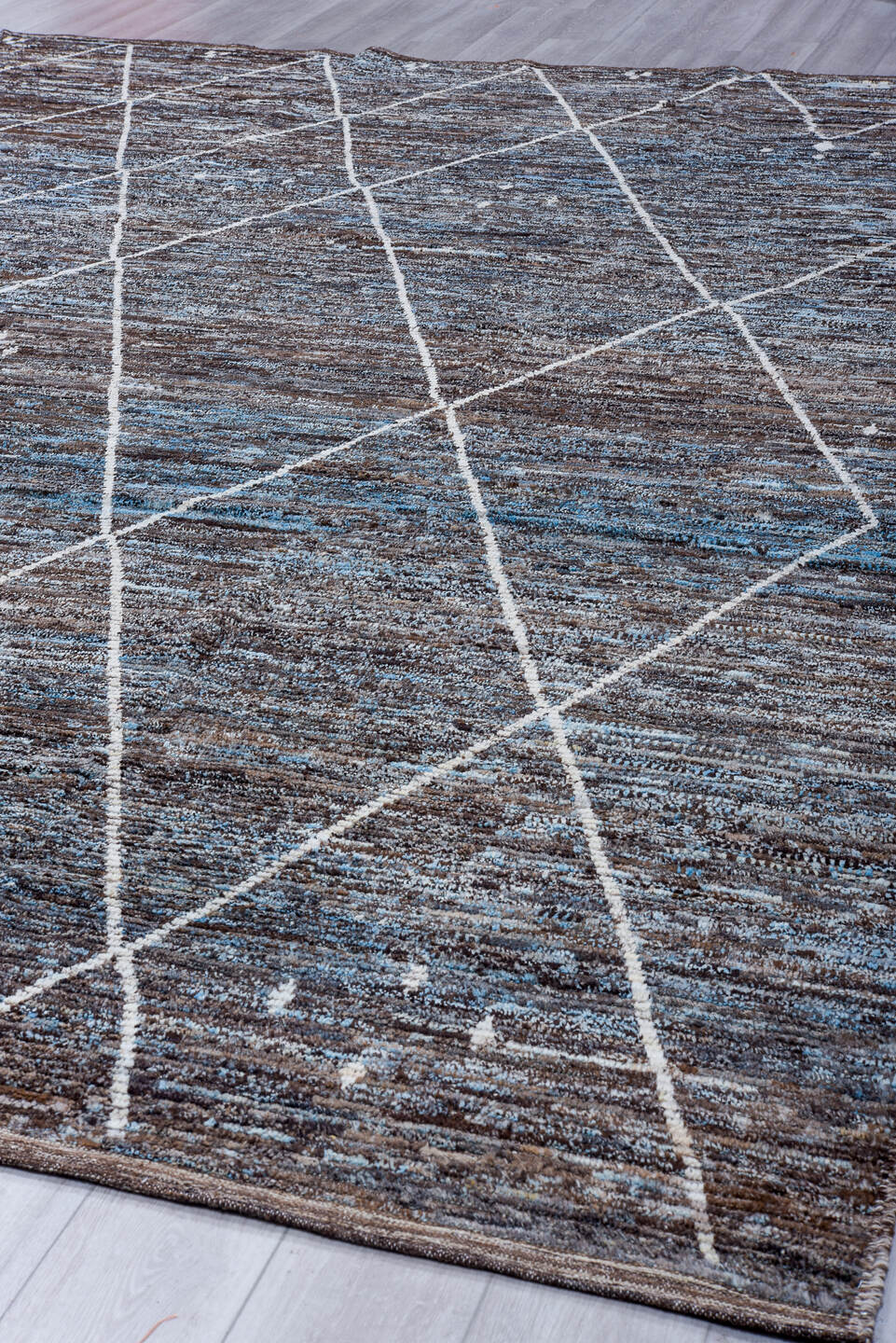 10' x 14' one-of-a-kind handmade vintage Tulu large size rug. Color palette: charcoal, brown, sky blue, ivory, slate, gray