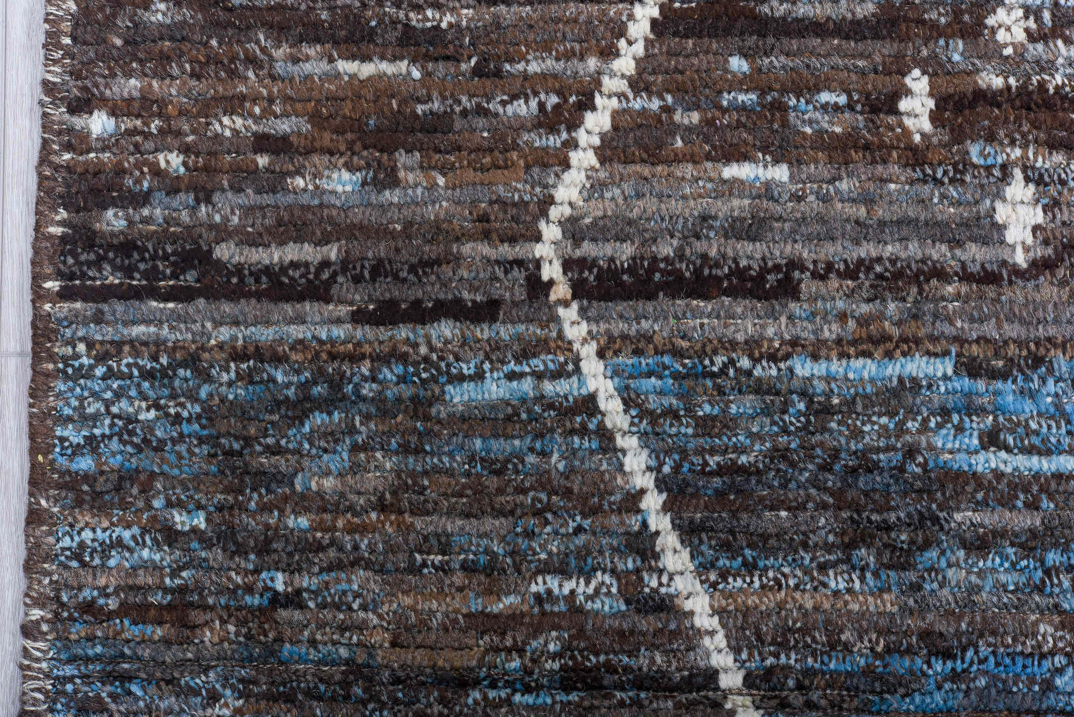 10' x 14' one-of-a-kind handmade vintage Tulu large size rug. Color palette: charcoal, brown, sky blue, ivory, slate, gray