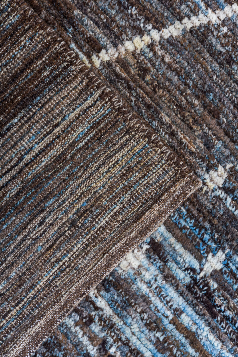 10' x 14' one-of-a-kind handmade vintage Tulu large size rug. Color palette: charcoal, brown, sky blue, ivory, slate, gray